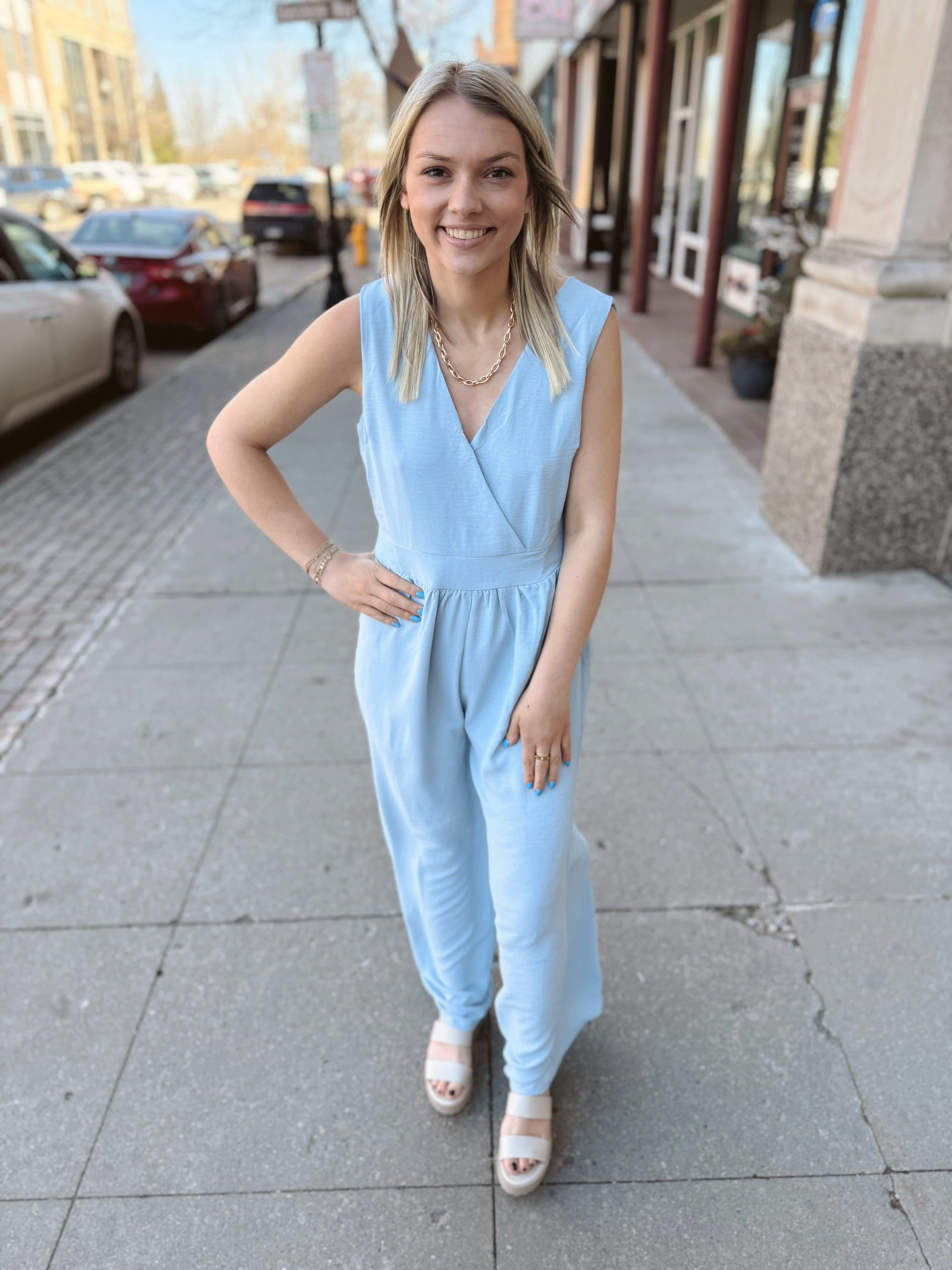 Light Blue Jumpsuit-Jumpsuits & Rompers-she and sky-The Silo Boutique, Women's Fashion Boutique Located in Warren and Grand Forks North Dakota