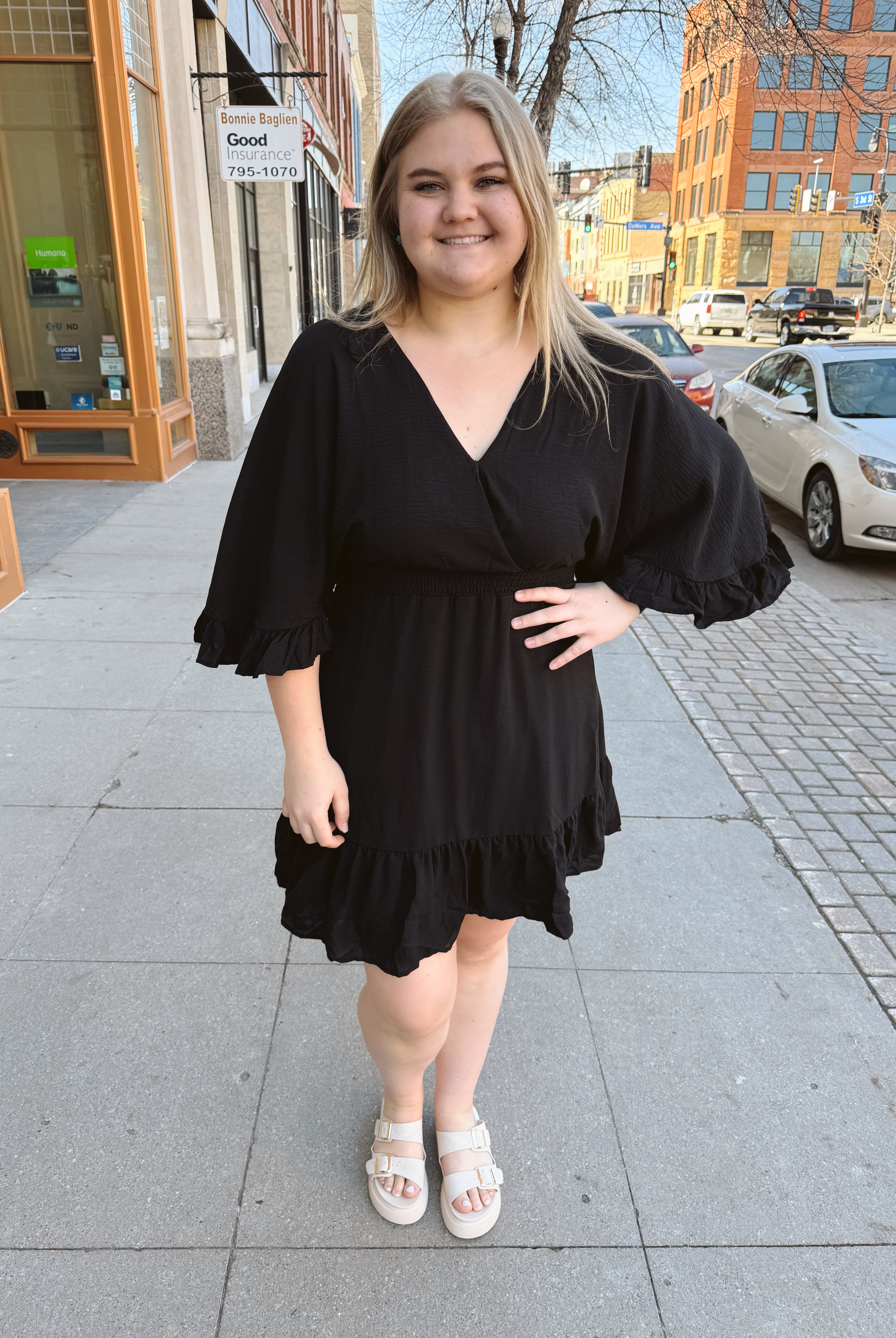 Black Ruffle Dolman Sleeve Dress-Dresses-she and sky-The Silo Boutique, Women's Fashion Boutique Located in Warren and Grand Forks North Dakota