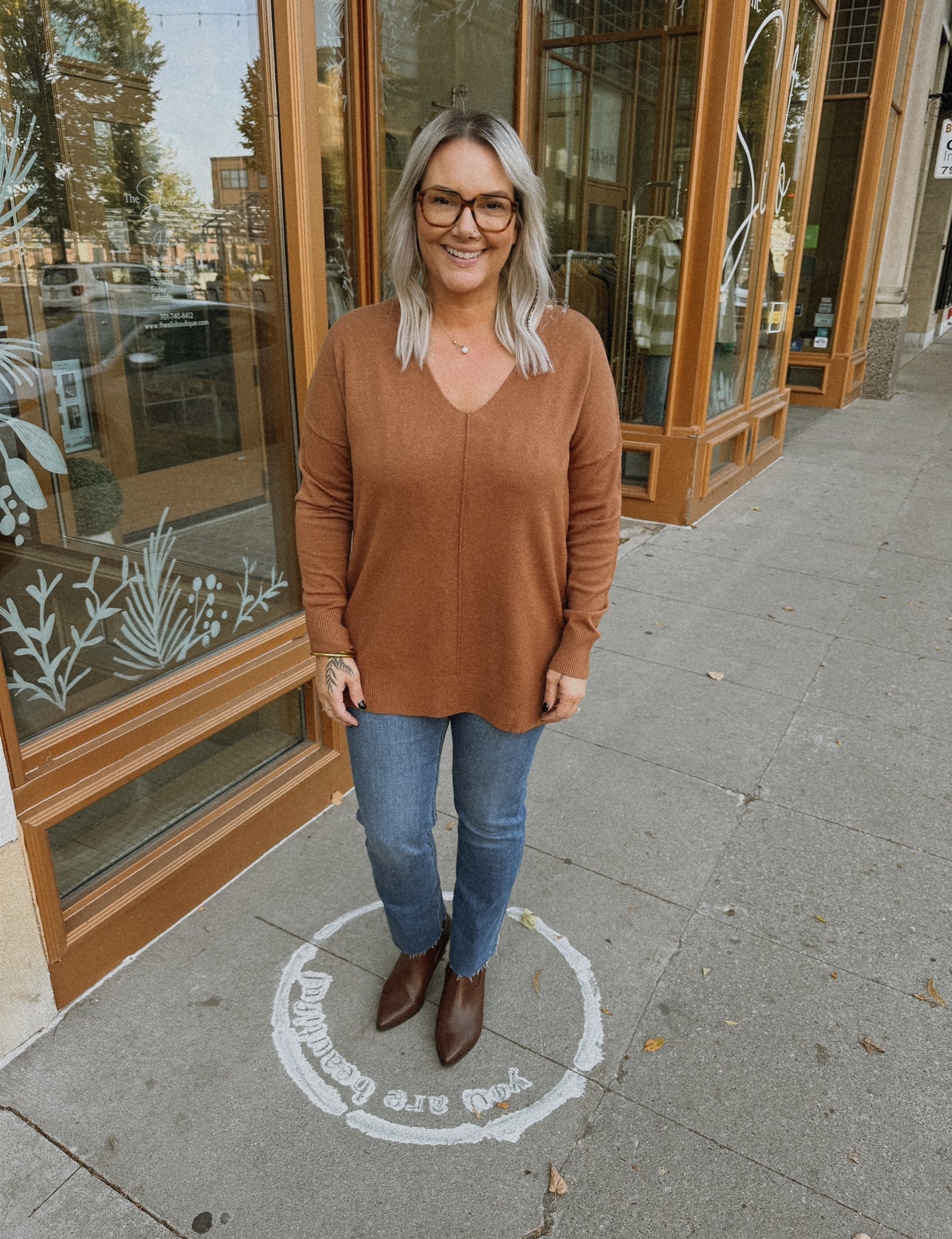 Camel Front Seam V Neck Sweater-Sweaters-Zenana-The Silo Boutique, Women's Fashion Boutique Located in Warren and Grand Forks North Dakota