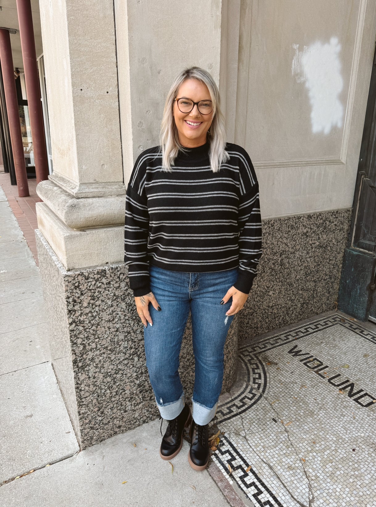 Cool Black Ribbed Knit Double Stripe Sweater-Sweaters-be cool-The Silo Boutique, Women's Fashion Boutique Located in Warren and Grand Forks North Dakota