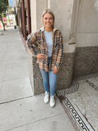 Misty Plaid Hooded Shirt Jacket-Shackets-mystree-The Silo Boutique, Women's Fashion Boutique Located in Warren and Grand Forks North Dakota