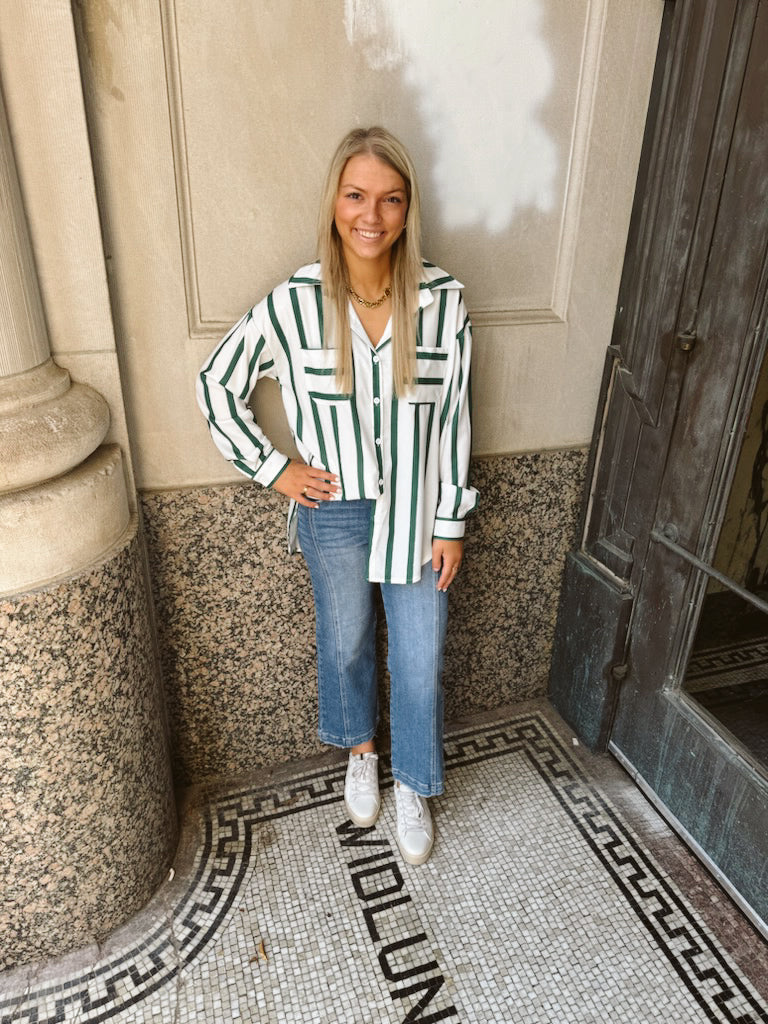 Miss Green Striped Buttoned Up Shirt-Long Sleeve Tops-miss sparkling-The Silo Boutique, Women's Fashion Boutique Located in Warren and Grand Forks North Dakota