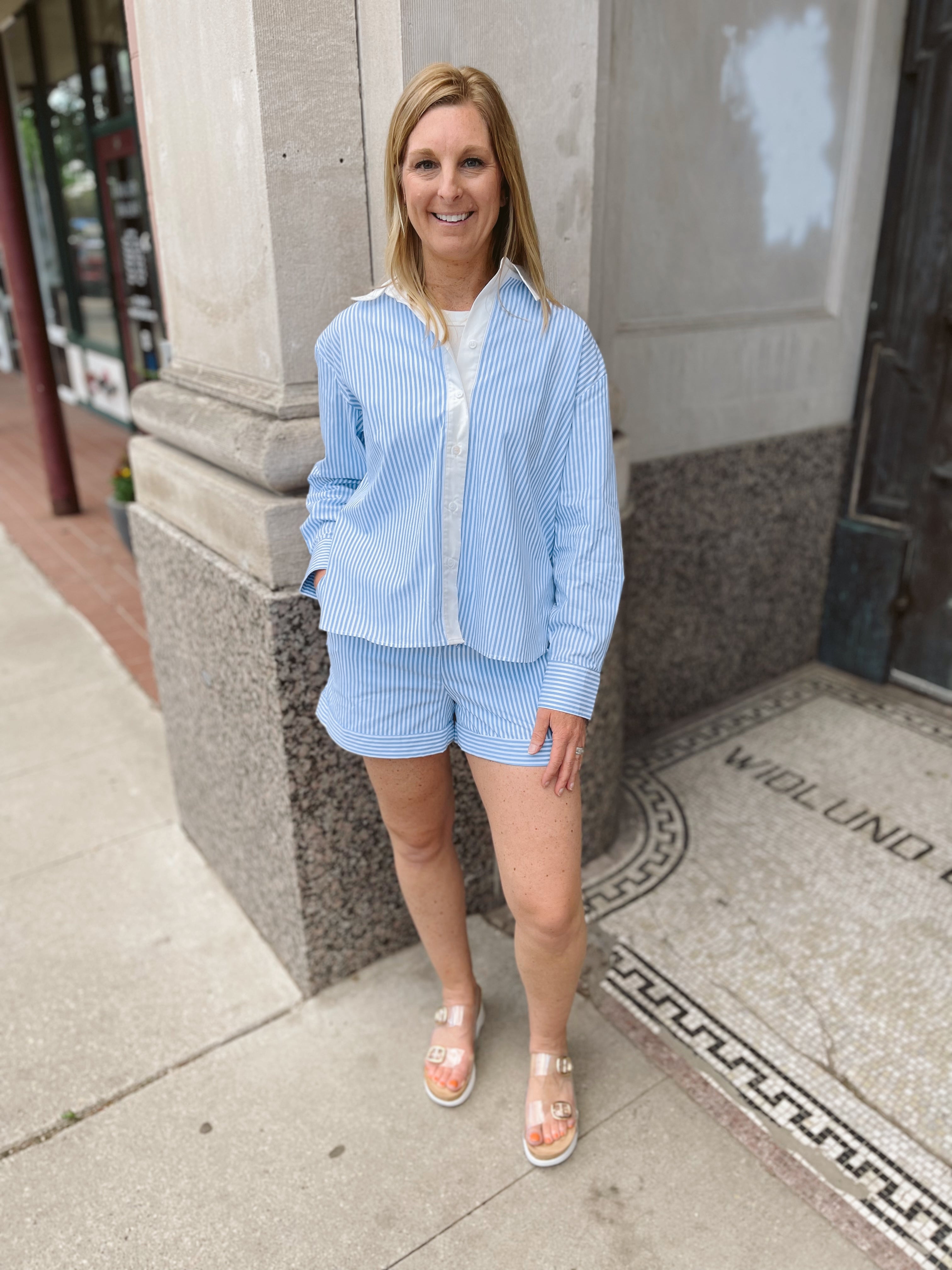 Skies Stripe Contrast Button Up Top-Long Sleeve Tops-skies are blue-The Silo Boutique, Women's Fashion Boutique Located in Warren and Grand Forks North Dakota