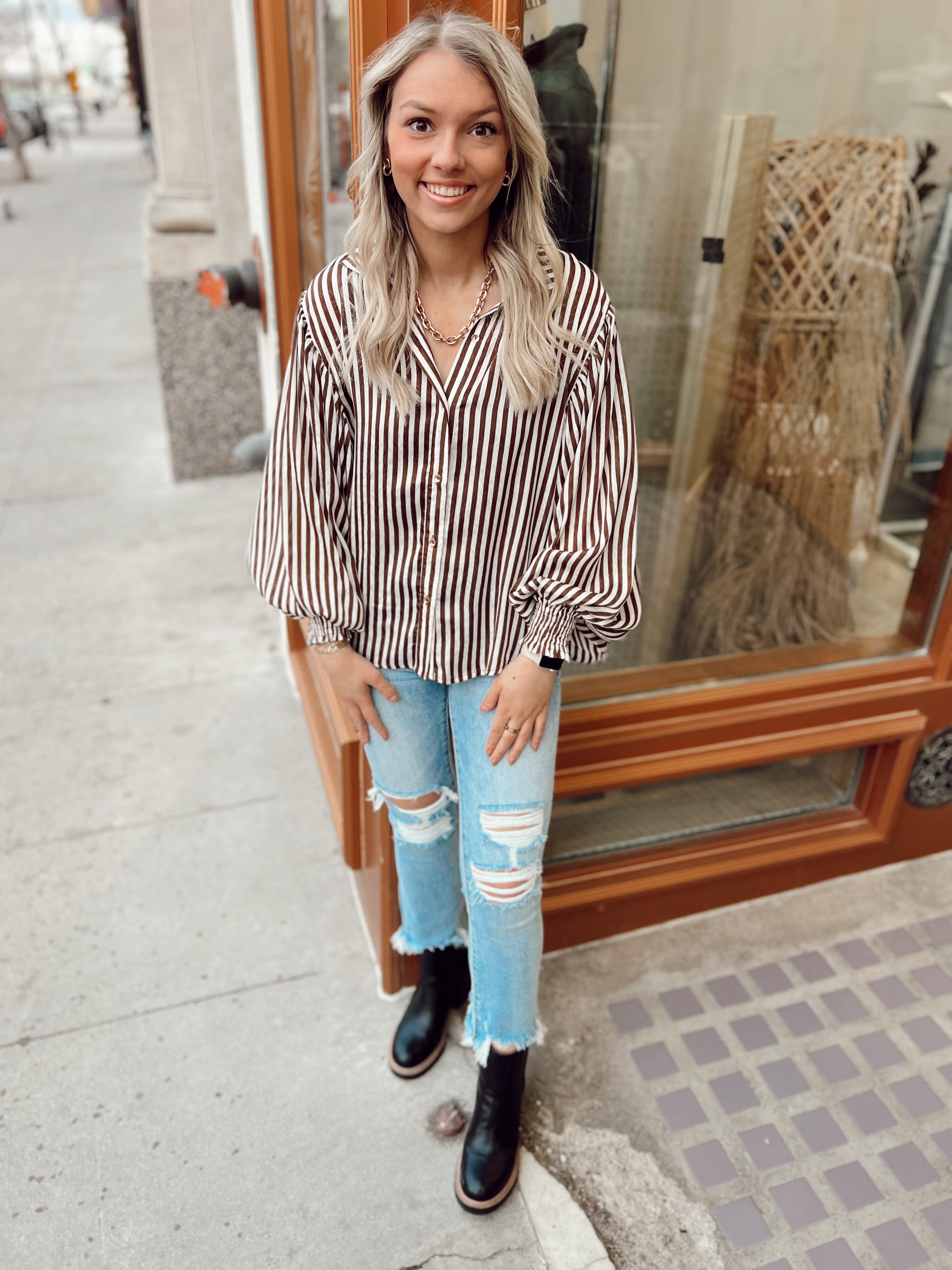 Brown Striped Bubble Sleeve Blouse Top-Long Sleeve Tops-eesome-The Silo Boutique, Women's Fashion Boutique Located in Warren and Grand Forks North Dakota