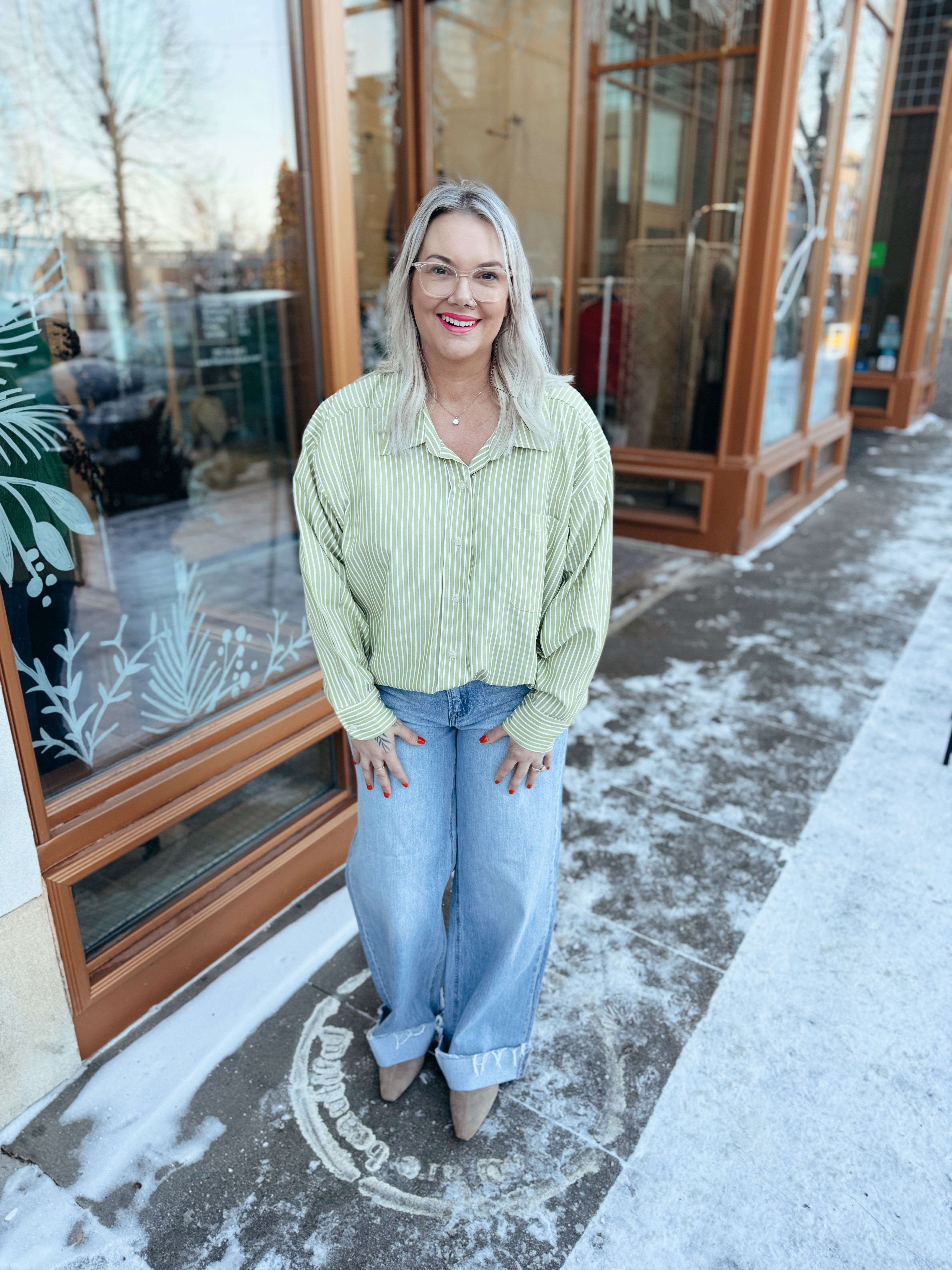 Give Me Classic Striped Button Down Top-Green Tea-Long Sleeve Tops-eesome-The Silo Boutique, Women's Fashion Boutique Located in Warren and Grand Forks North Dakota