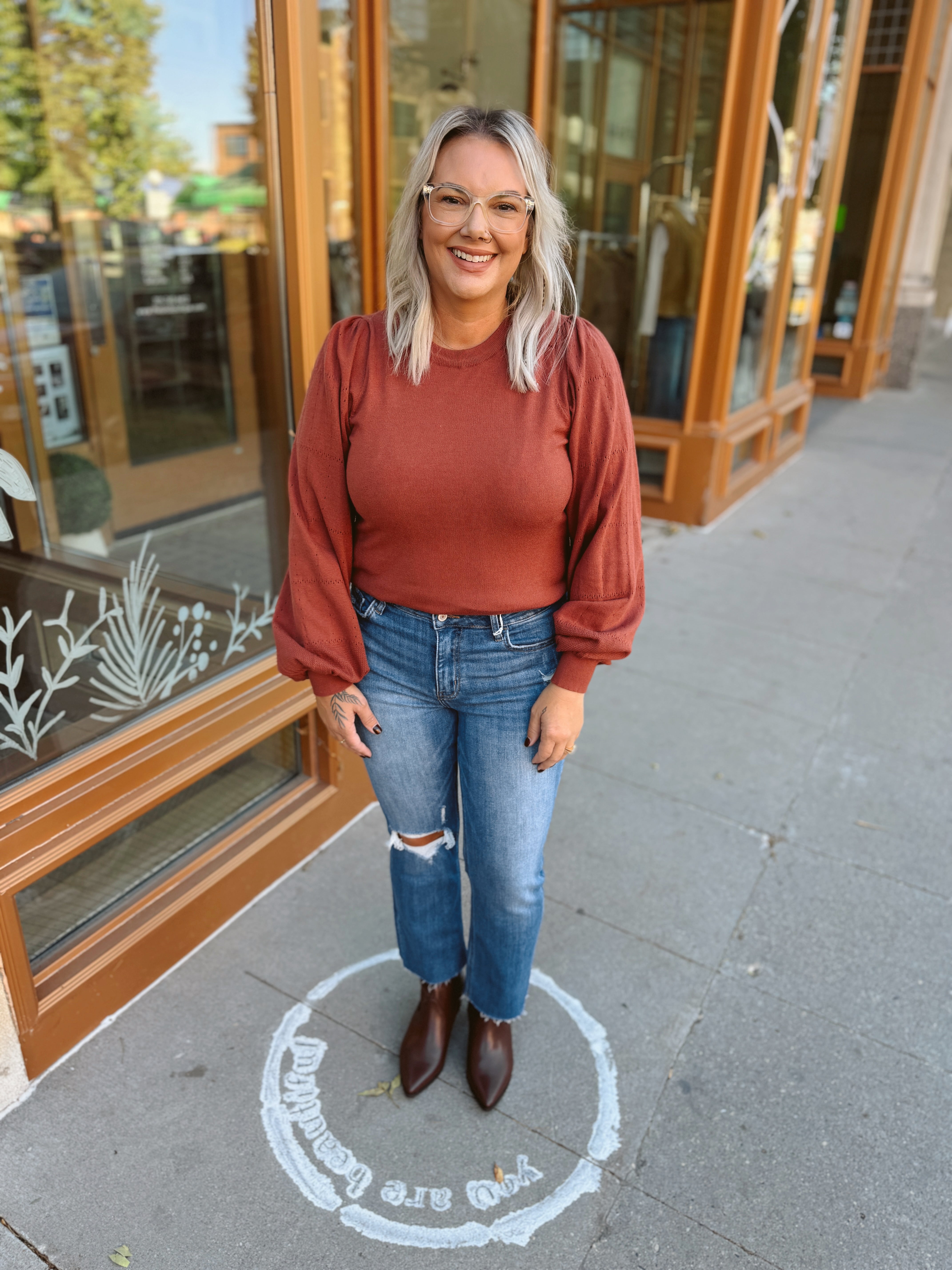 Fired Brick Puff Sweater-Long Sleeve Tops-&merci-The Silo Boutique, Women's Fashion Boutique Located in Warren and Grand Forks North Dakota