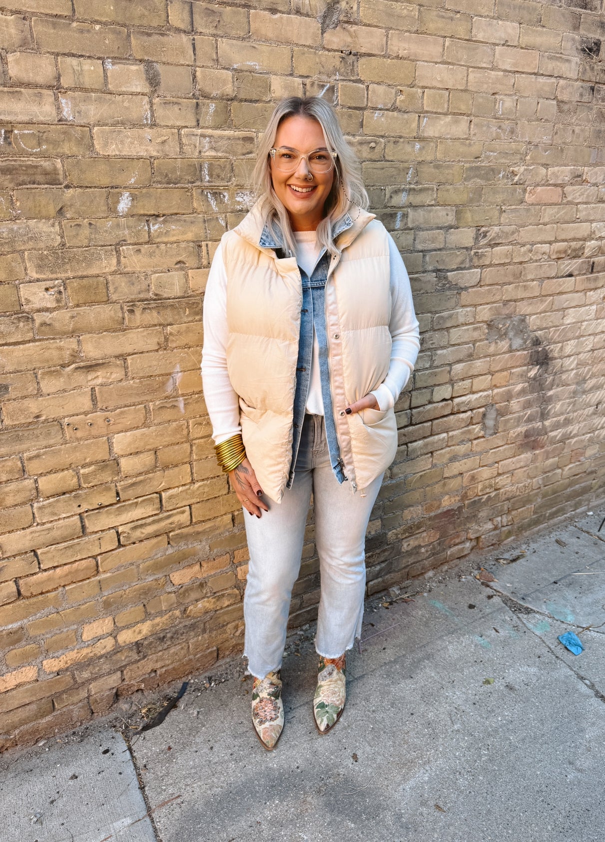 Beige Playful Puffer with Denim Vest-Vests-bluivy-The Silo Boutique, Women's Fashion Boutique Located in Warren and Grand Forks North Dakota