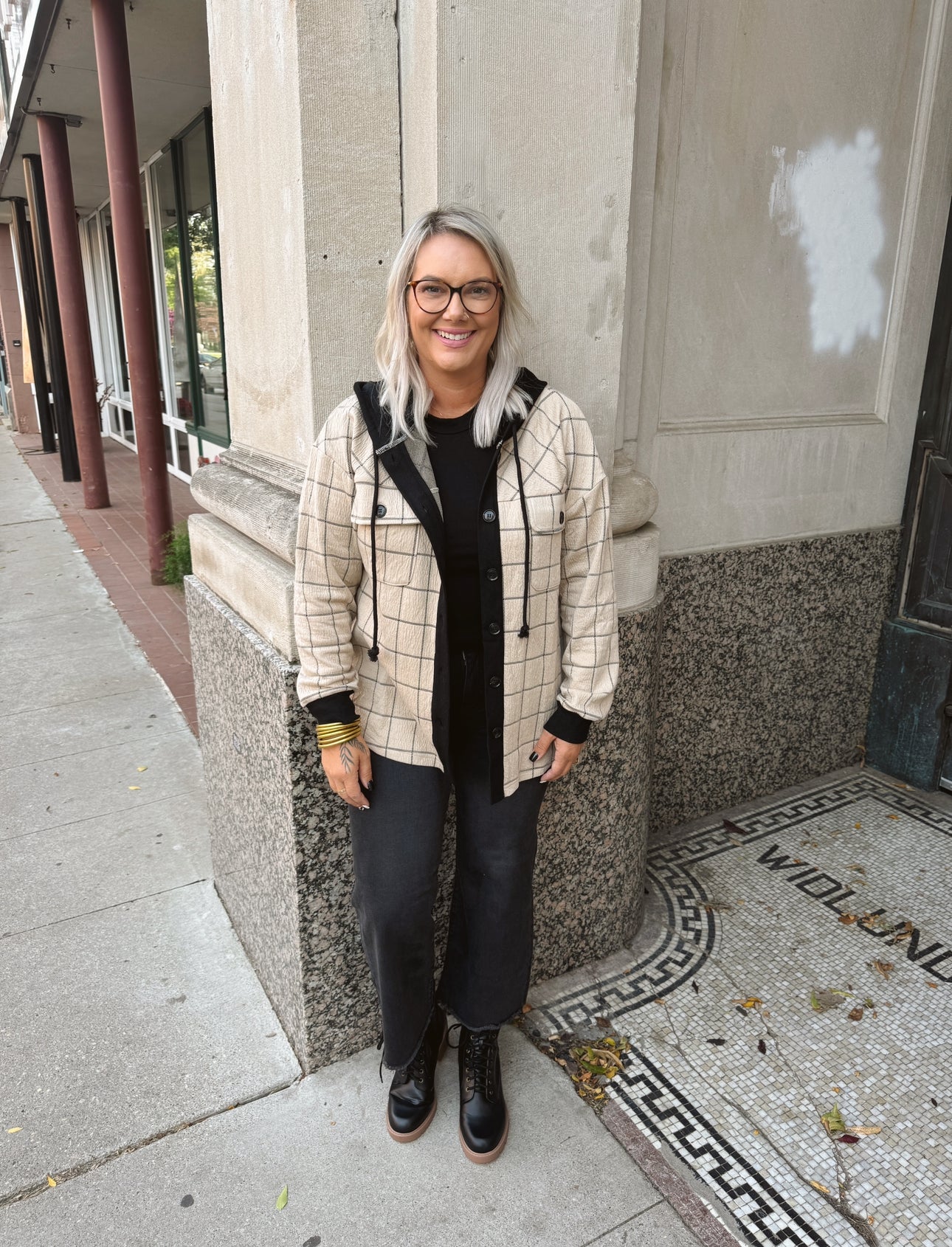 Taupe Check Pattern Knit Button Up Top-Shackets-hem and thread-The Silo Boutique, Women's Fashion Boutique Located in Warren and Grand Forks North Dakota