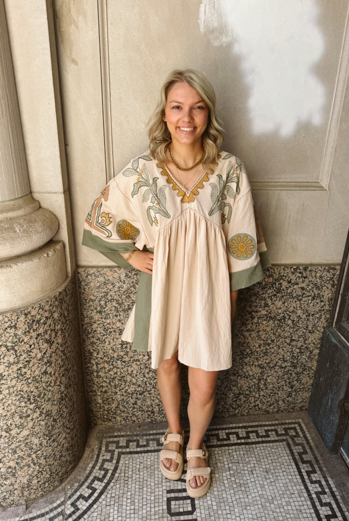 Embroidery Linen Olive Dress-Dresses-easel-The Silo Boutique, Women's Fashion Boutique Located in Warren and Grand Forks North Dakota