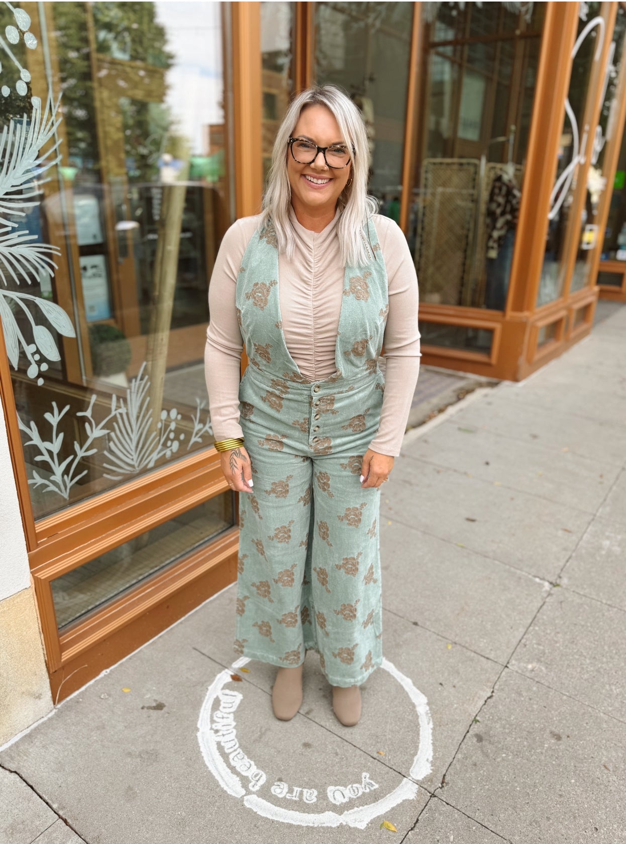 Corded Green Embroidered Jumpsuit-Jumpsuits & Rompers-mystree-The Silo Boutique, Women's Fashion Boutique Located in Warren and Grand Forks North Dakota