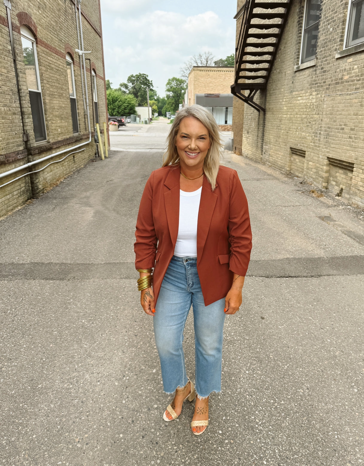 Skies Cognac Shirred Blazer-Blazers-skies are blue-The Silo Boutique, Women's Fashion Boutique Located in Warren and Grand Forks North Dakota