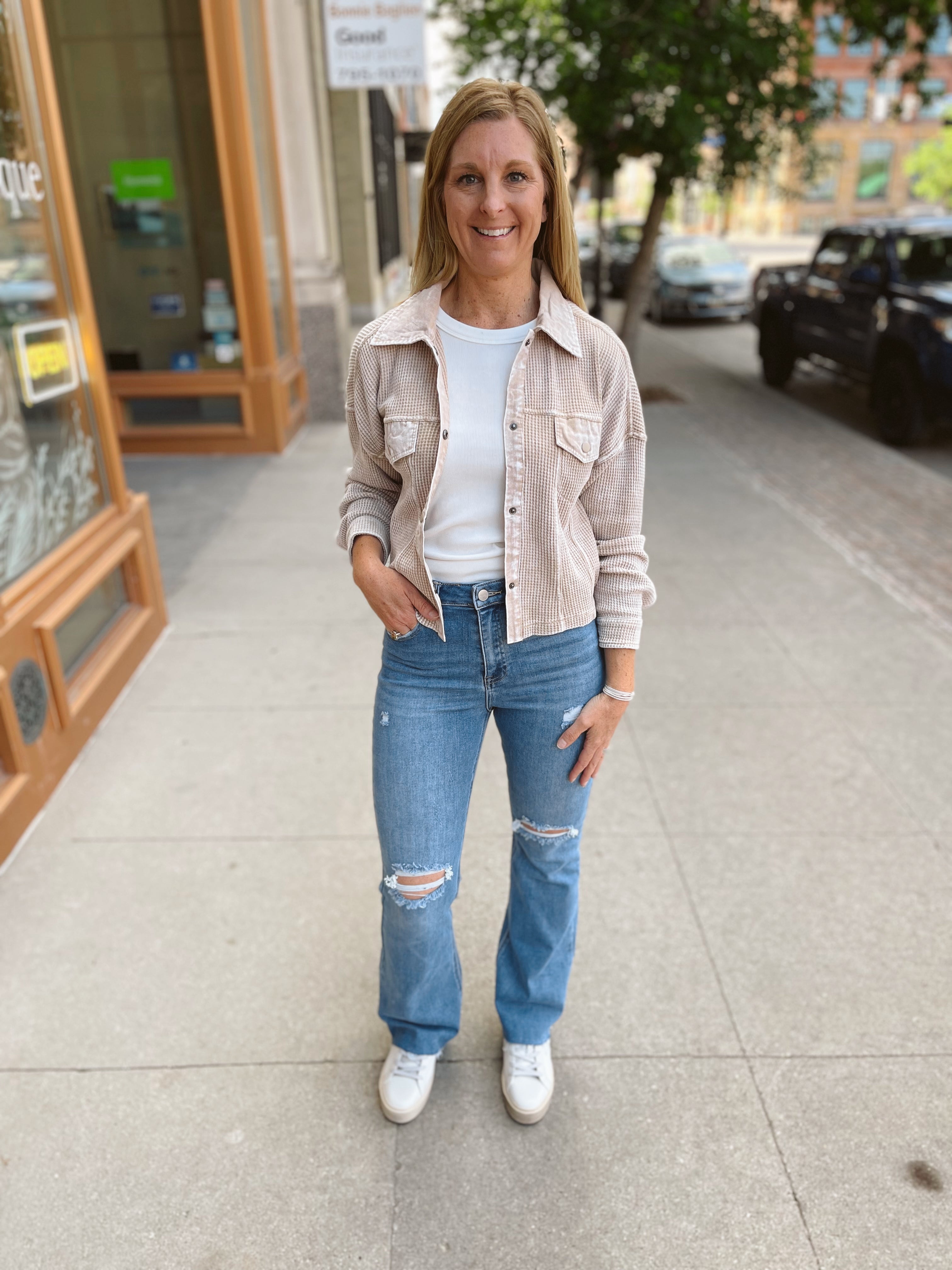 Risen Medium Wash Destructed Flare Jeans-Jeans-risen-The Silo Boutique, Women's Fashion Boutique Located in Warren and Grand Forks North Dakota