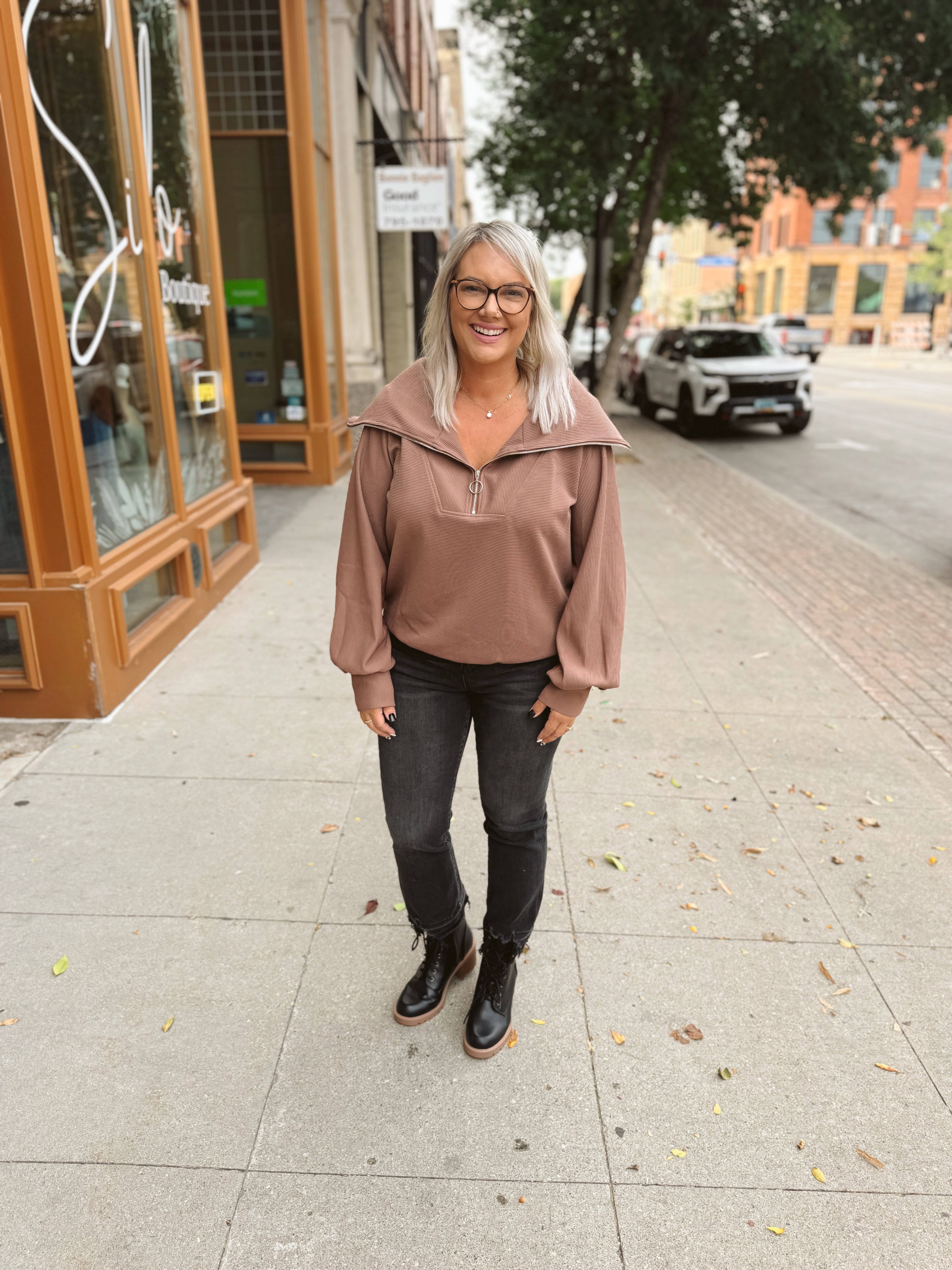 Ribbed Knit Quarter Zip Sweathsirt-Mocha-Sweatshirts-Umgee-The Silo Boutique, Women's Fashion Boutique Located in Warren and Grand Forks North Dakota