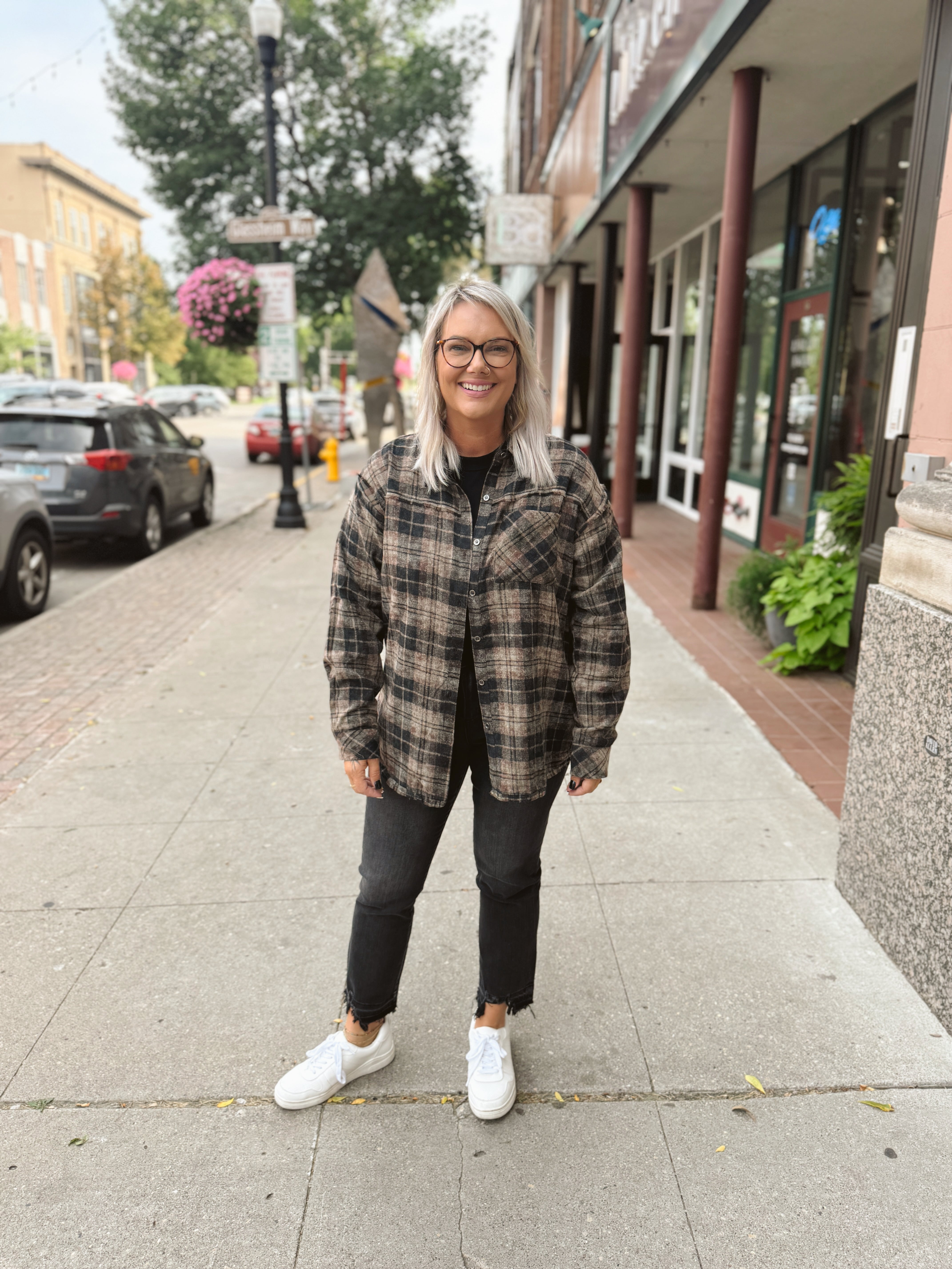 Rae Black and Brown Flannel Top-Long Sleeve Tops-Doe and Rae-The Silo Boutique, Women's Fashion Boutique Located in Warren and Grand Forks North Dakota