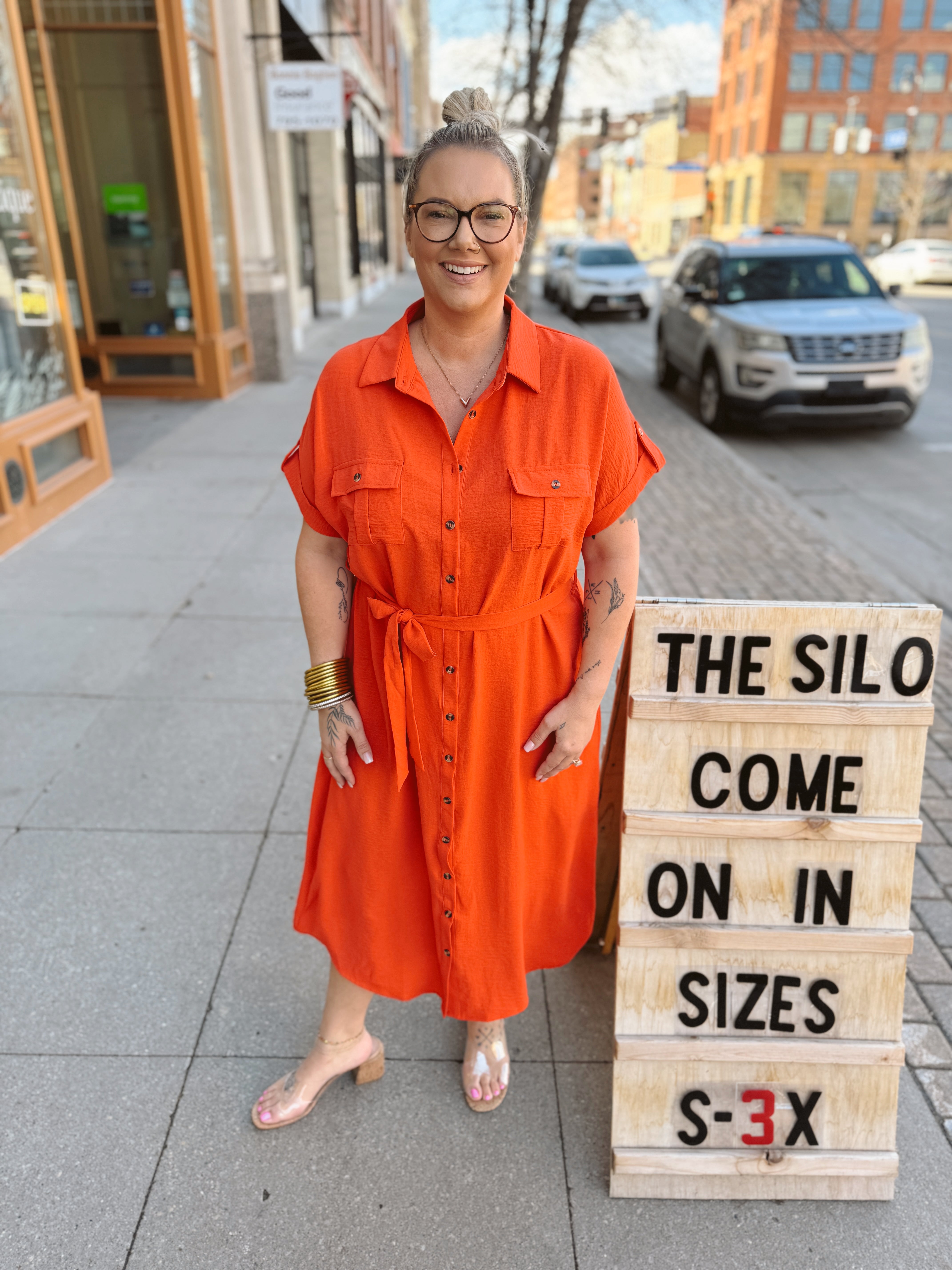 Tomato Button Down and Belted Dress-Dresses-she and sky-The Silo Boutique, Women's Fashion Boutique Located in Warren and Grand Forks North Dakota