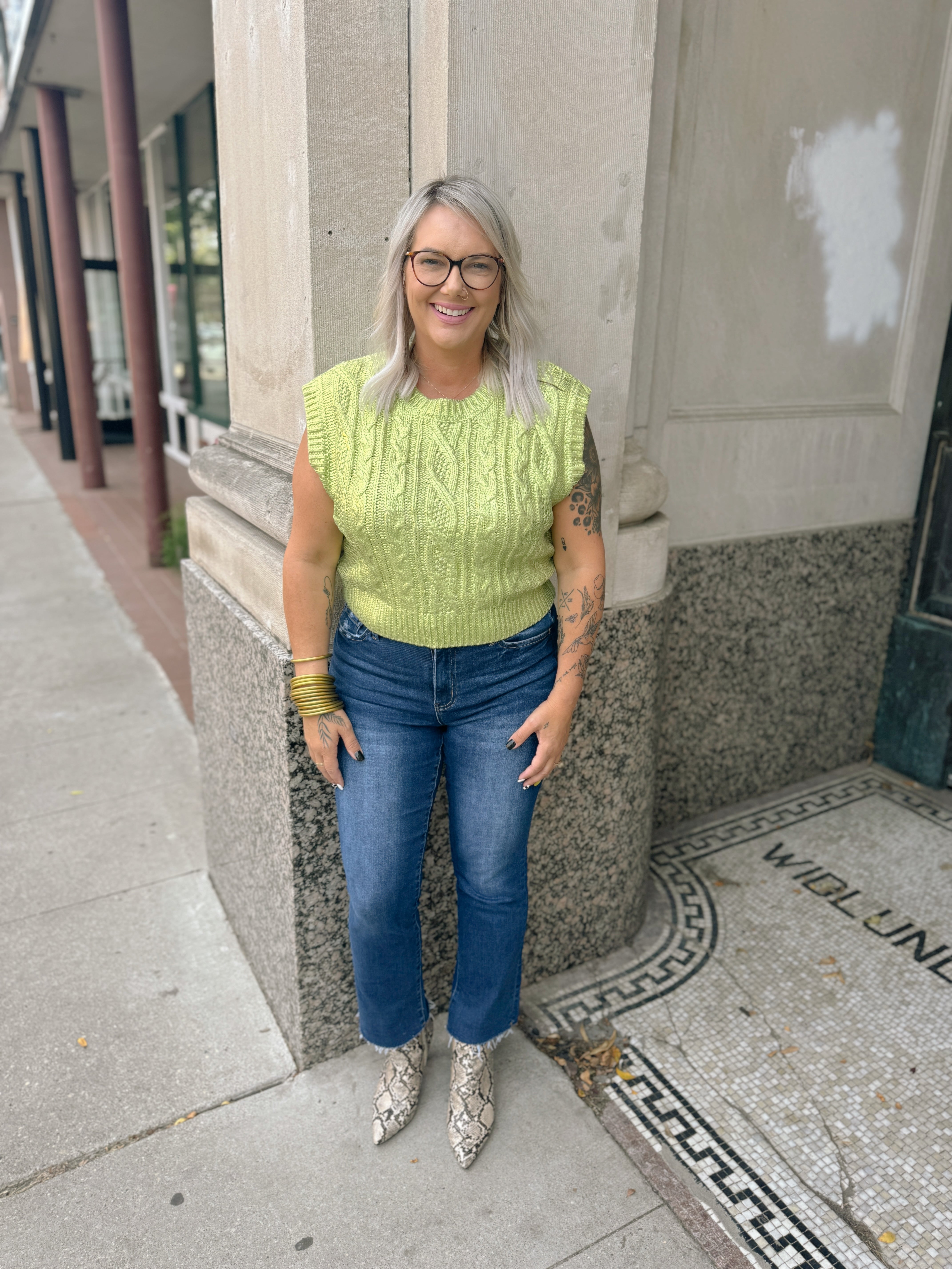 Lime Metallic Sweater Vest-Sweaters-she and sky-The Silo Boutique, Women's Fashion Boutique Located in Warren and Grand Forks North Dakota