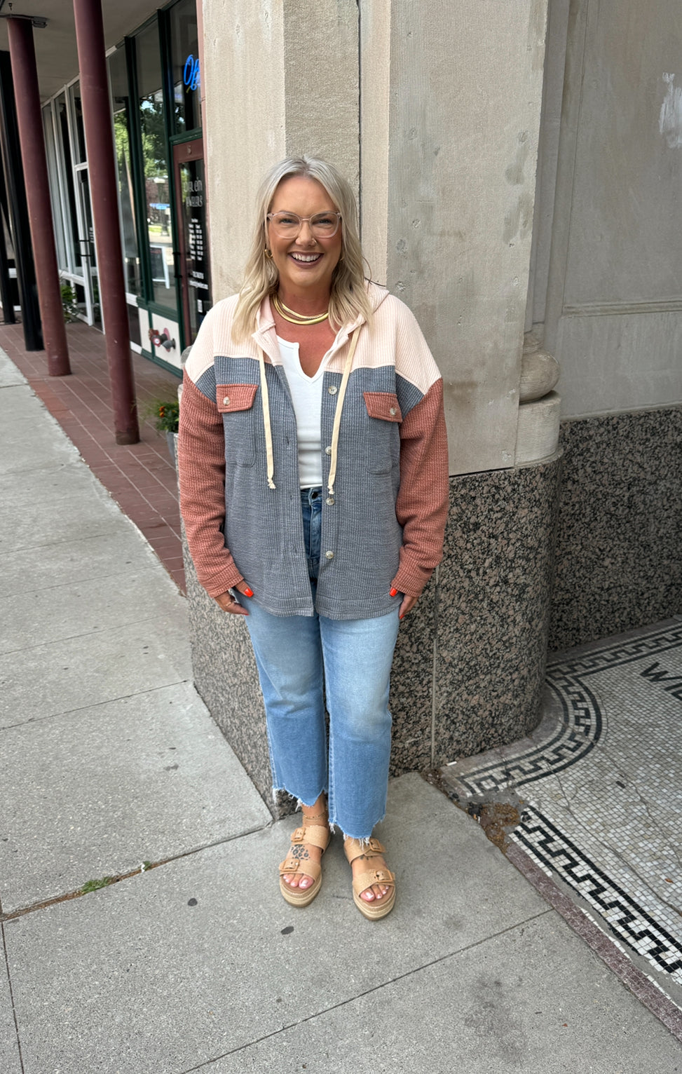 Stacy Ribbed Colorblock Button Down Top-Coats & Jackets-staccato-The Silo Boutique, Women's Fashion Boutique Located in Warren and Grand Forks North Dakota