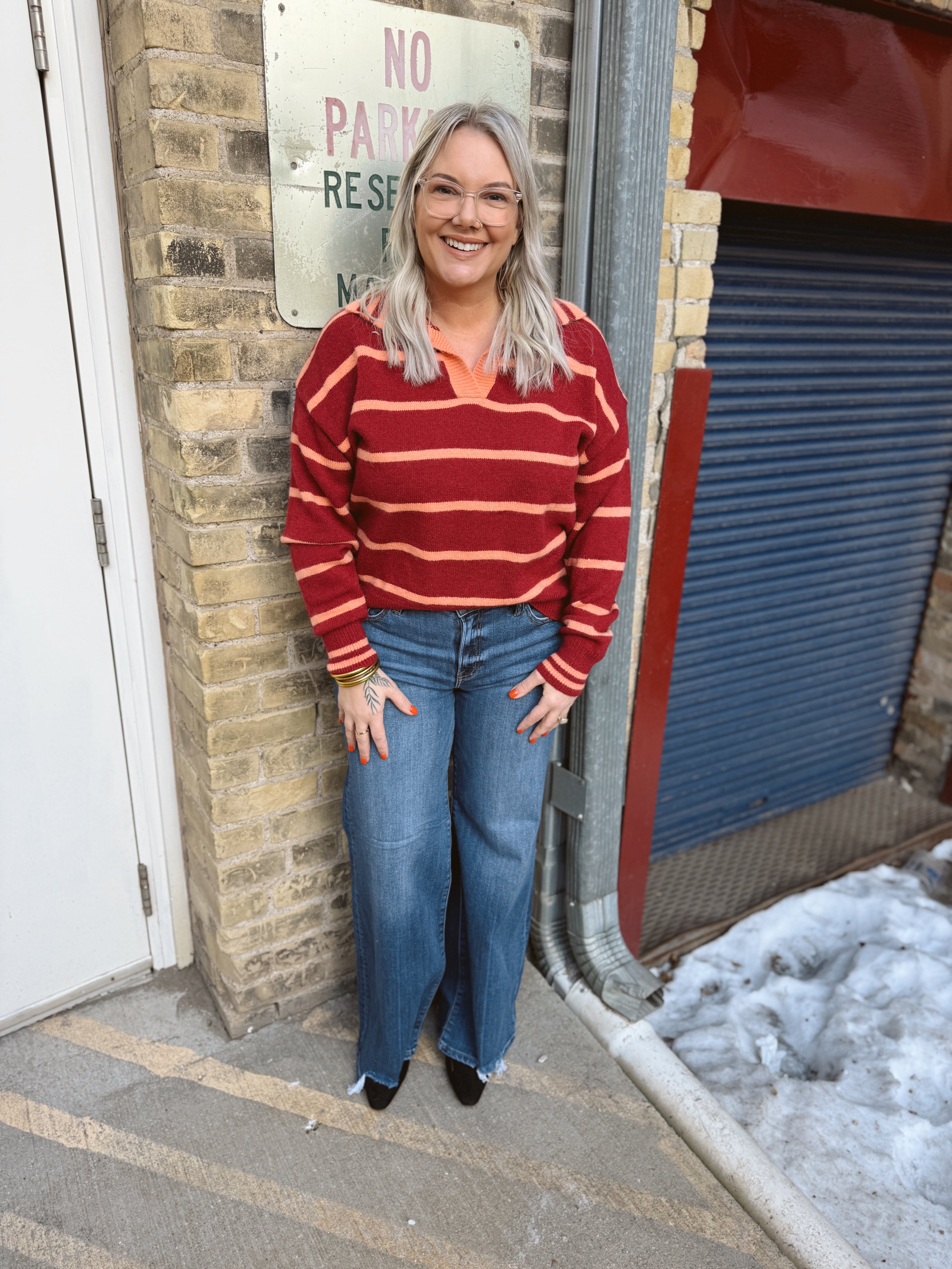 V Neck Collared Sweater Top-Coral Red-Sweaters-&merci-The Silo Boutique, Women's Fashion Boutique Located in Warren and Grand Forks North Dakota