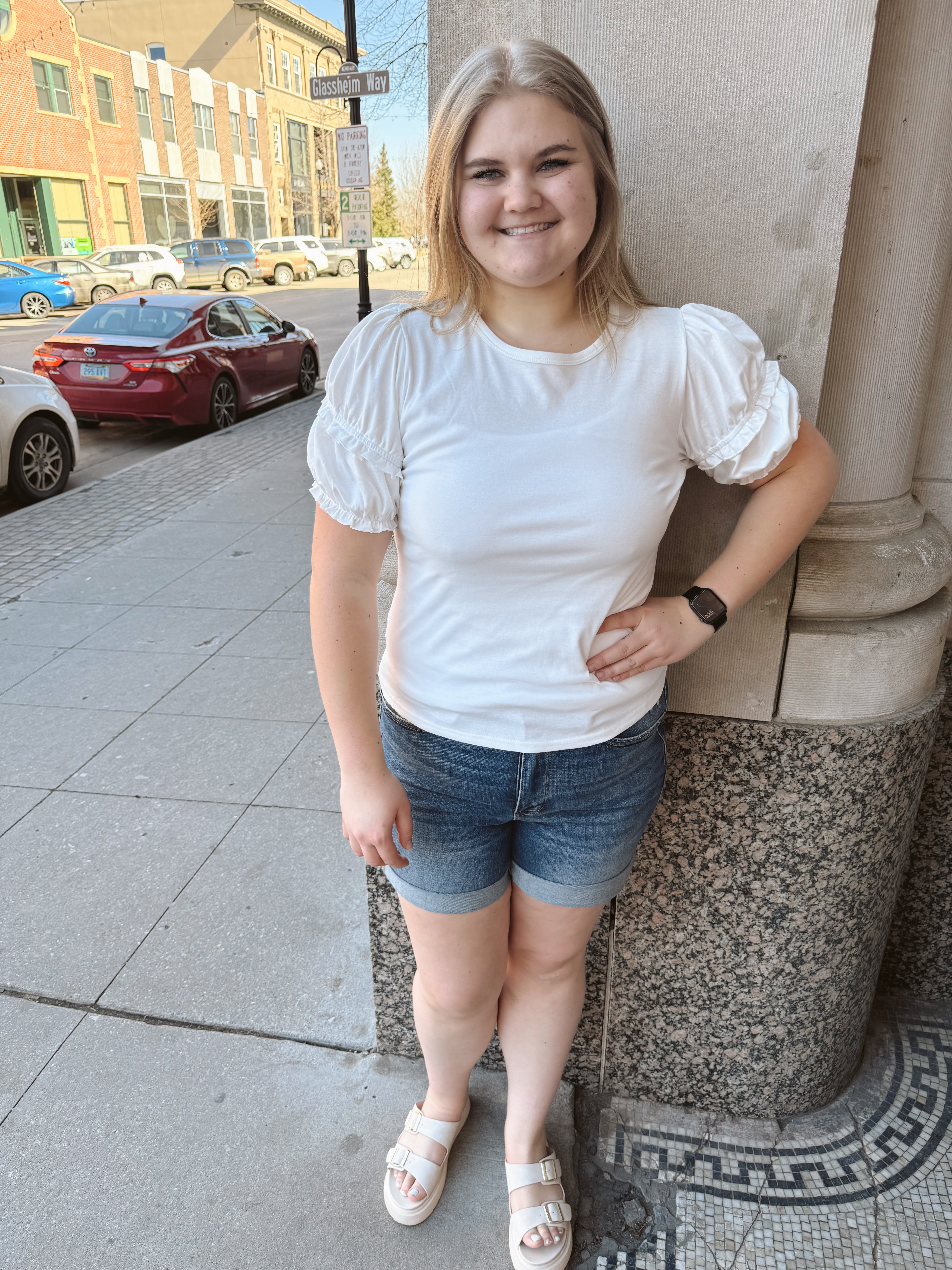 White Round Neck Sleeve Detail Top-Short Sleeve Tops-pologram-The Silo Boutique, Women's Fashion Boutique Located in Warren and Grand Forks North Dakota