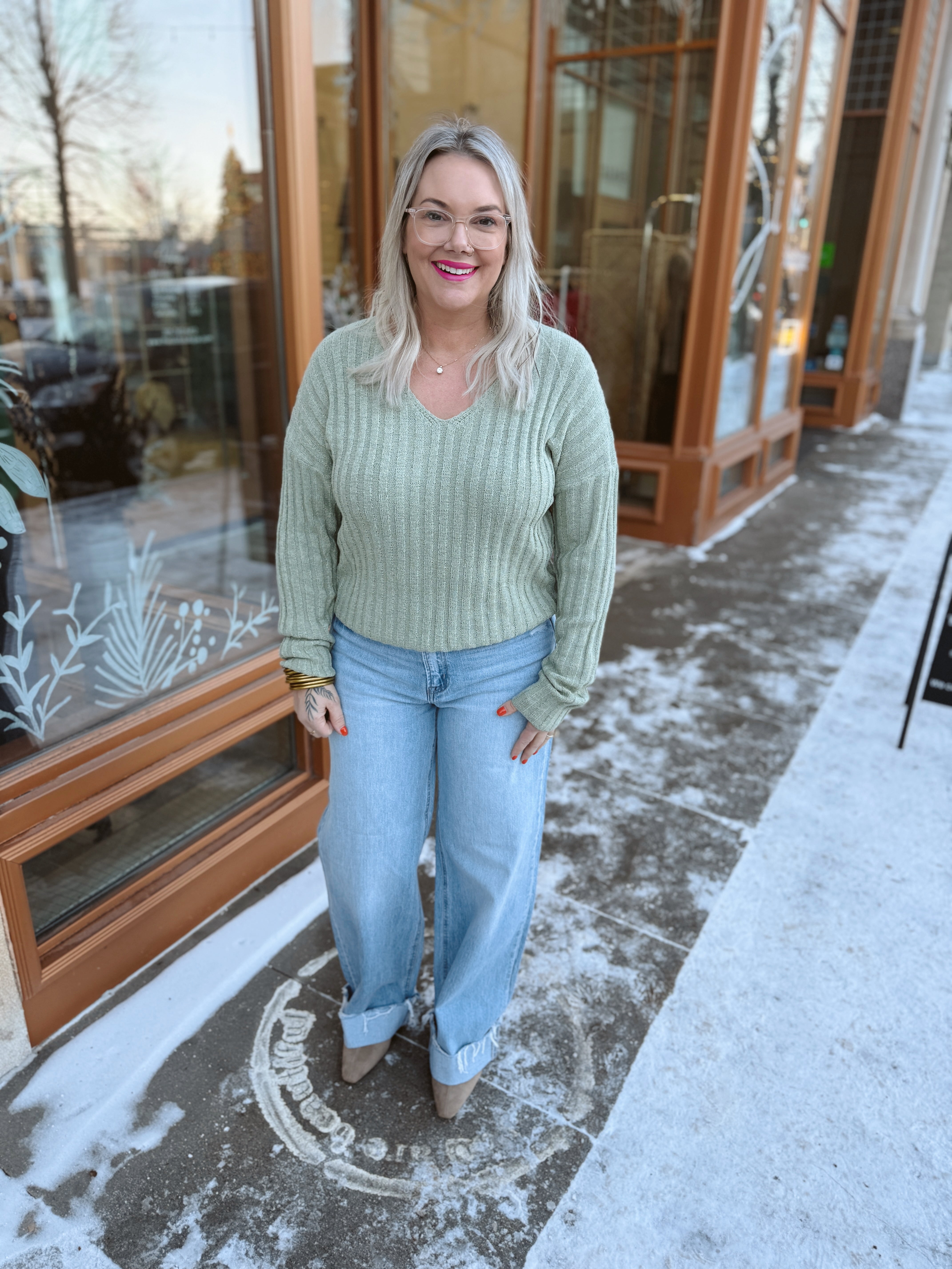 Raised Rib V Neck Sweater-Sage-Sweaters-be cool-The Silo Boutique, Women's Fashion Boutique Located in Warren and Grand Forks North Dakota