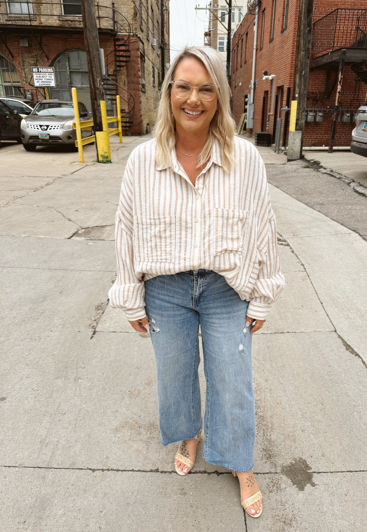 Miss Love Taupe Striped Button Down Top-Long Sleeve Tops-miss love-The Silo Boutique, Women's Fashion Boutique Located in Warren and Grand Forks North Dakota