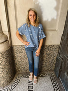 Blue Dot Textured Top-Short Sleeve Tops-jodifl-The Silo Boutique, Women's Fashion Boutique Located in Warren and Grand Forks North Dakota