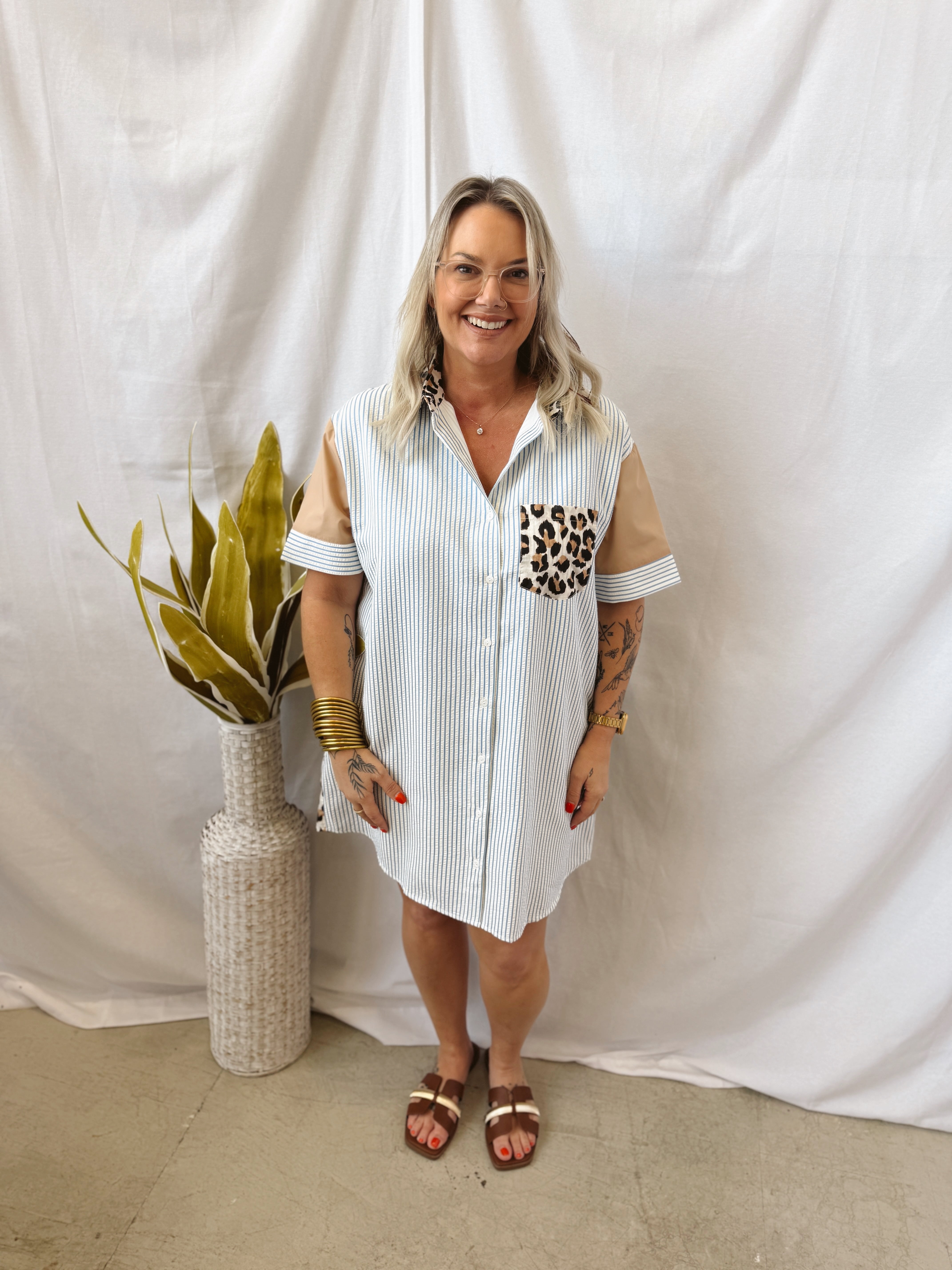 Ashley Short Leopard and Striped Shirt Dress-Long Sleeve Tops-entro-The Silo Boutique, Women's Fashion Boutique Located in Warren and Grand Forks North Dakota