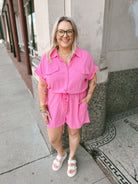 Pink Romper-Jumpsuits & Rompers-she and sky-The Silo Boutique, Women's Fashion Boutique Located in Warren and Grand Forks North Dakota