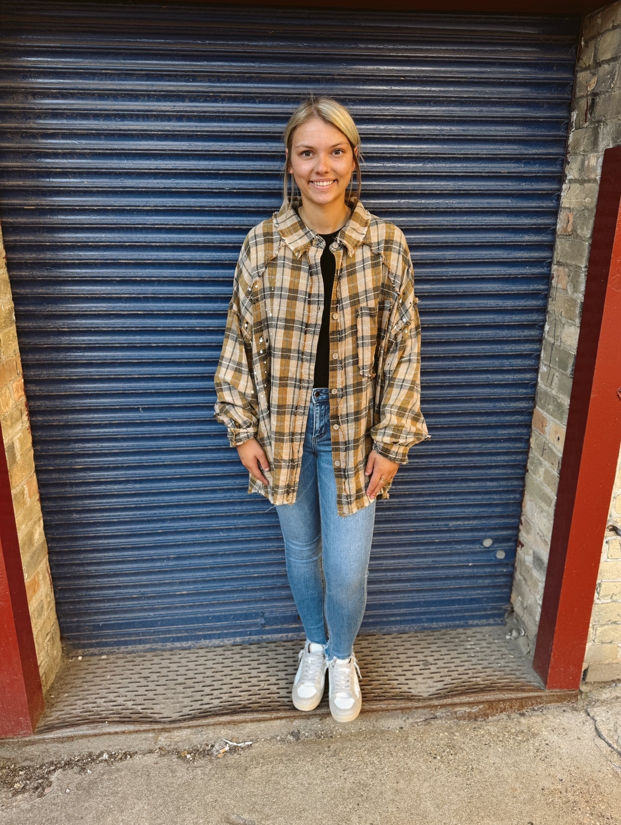 Oli Sand Oversized Plaid Flannel-Long Sleeve Tops-oli & hali-The Silo Boutique, Women's Fashion Boutique Located in Warren and Grand Forks North Dakota