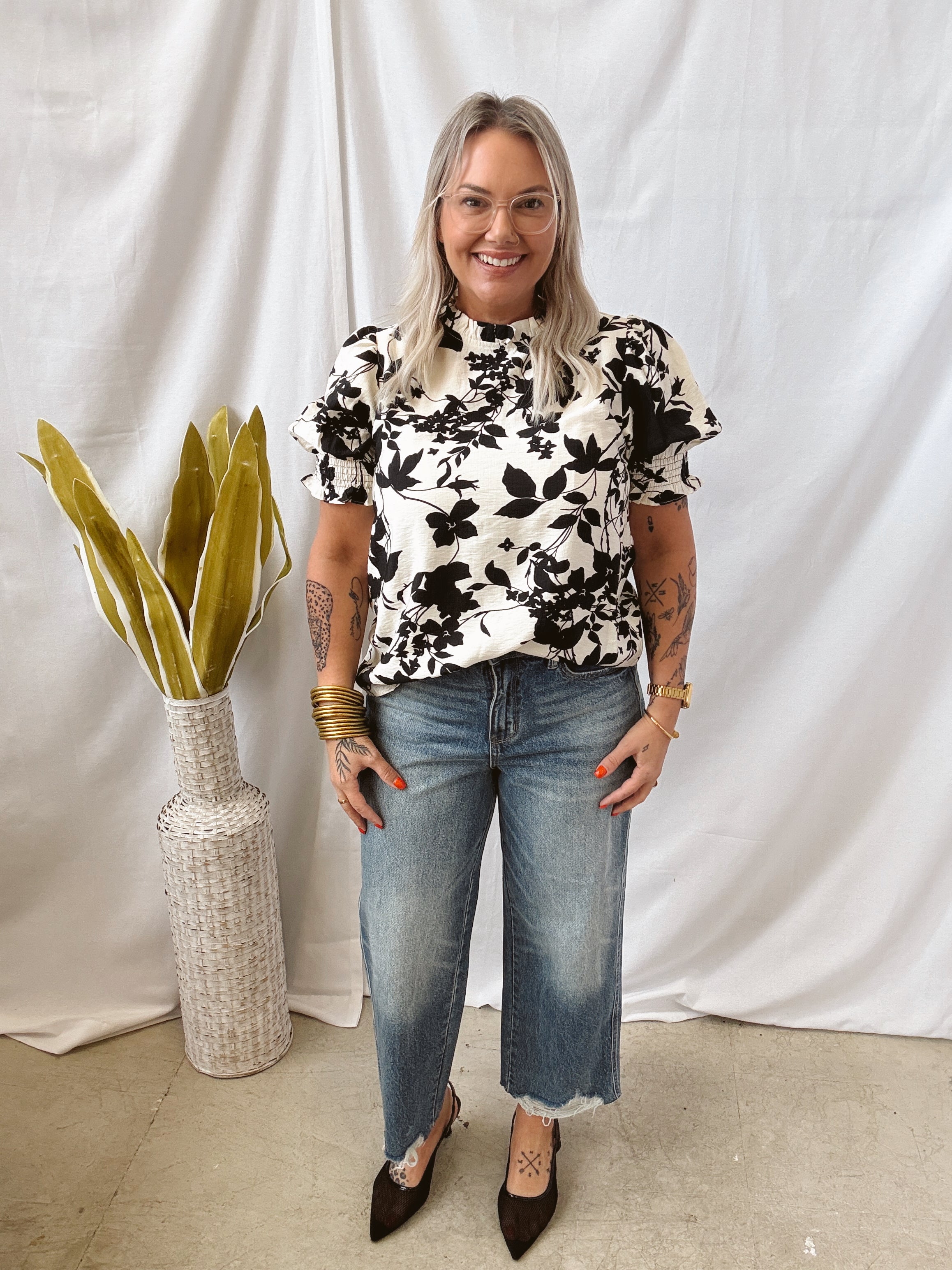 Black Floral Ruffle and Smocked Top-Cardigans-staccato-The Silo Boutique, Women's Fashion Boutique Located in Warren and Grand Forks North Dakota