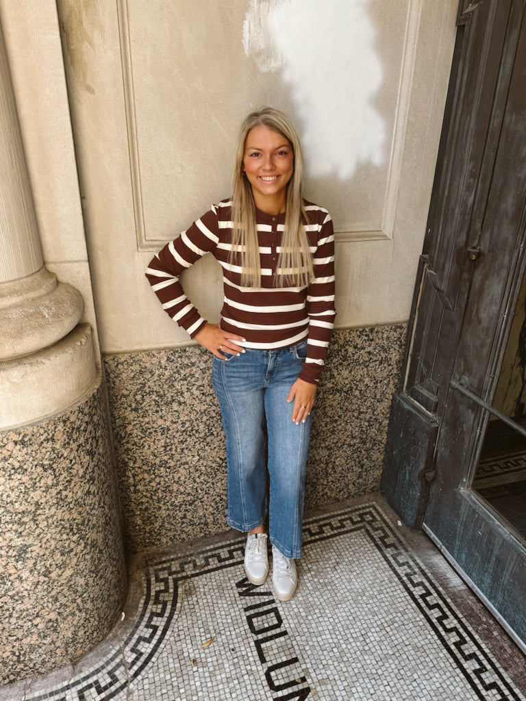 Chocolate and Ecru Striped Henley Top-Long Sleeve Tops-wishlist-The Silo Boutique, Women's Fashion Boutique Located in Warren and Grand Forks North Dakota