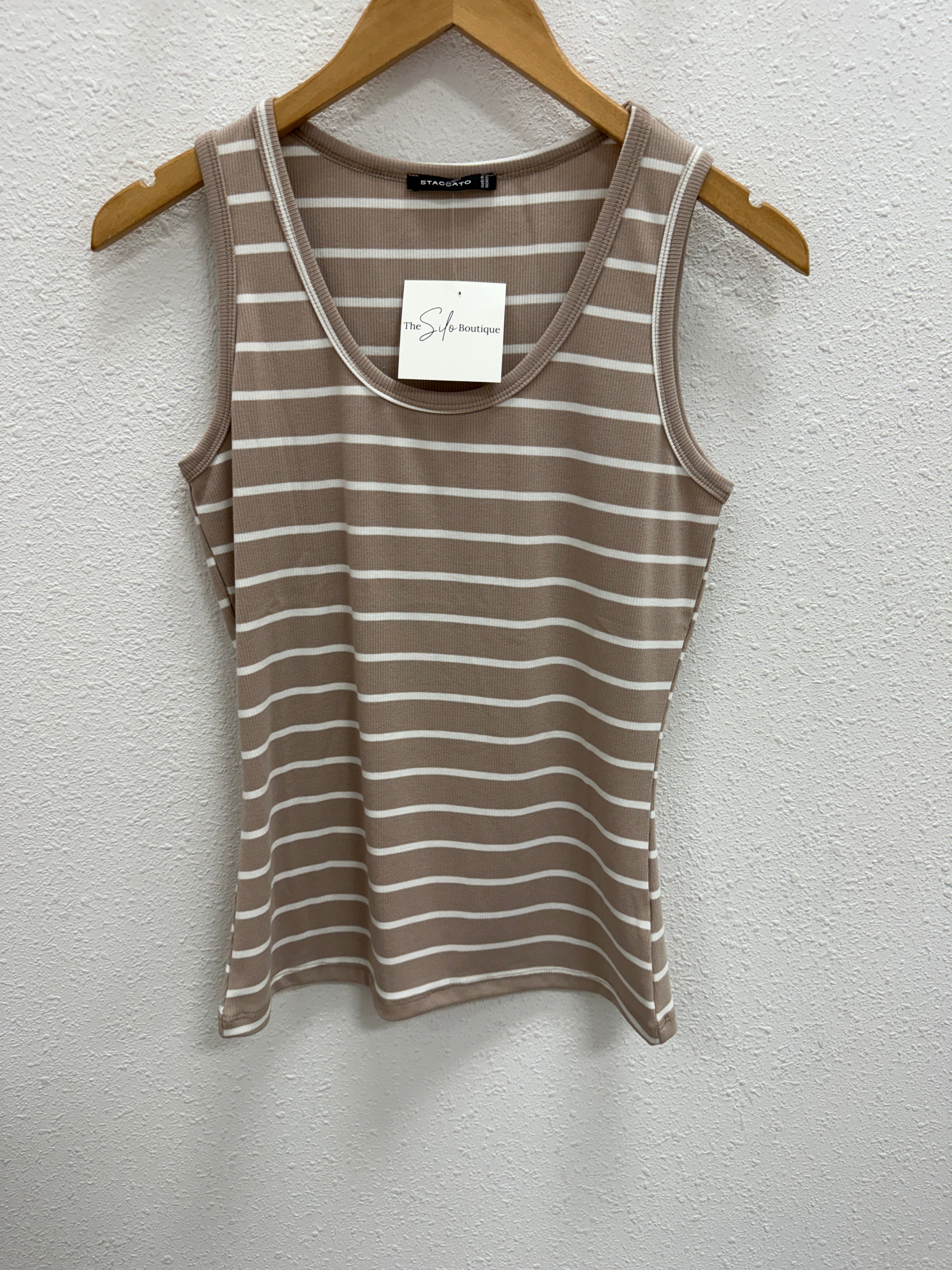 Taupe and White Stripe Tank Top-Tank Tops-staccato-The Silo Boutique, Women's Fashion Boutique Located in Warren and Grand Forks North Dakota