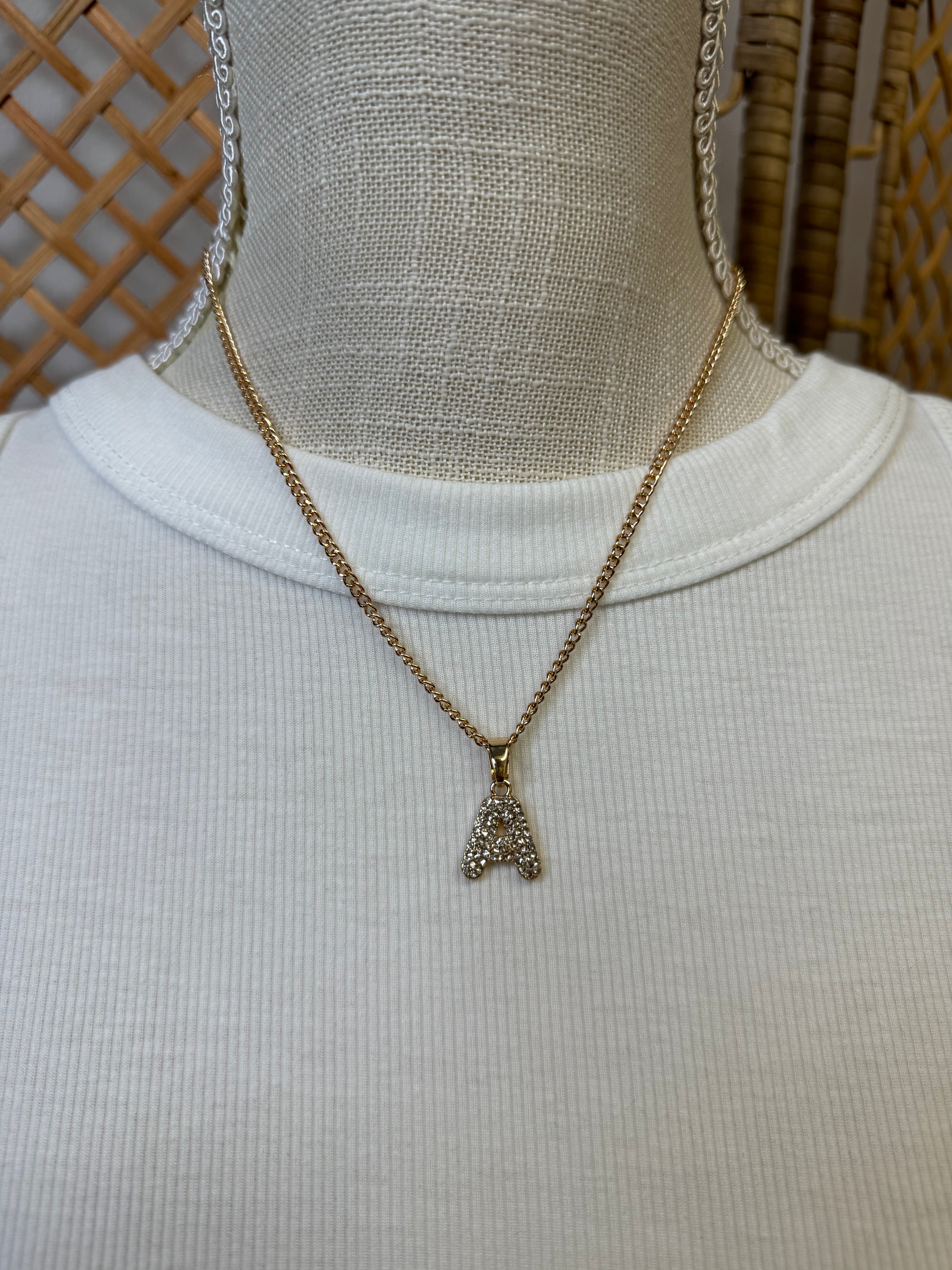Rhinestone Initial Necklace-Necklaces-Fame-The Silo Boutique, Women's Fashion Boutique Located in Warren and Grand Forks North Dakota