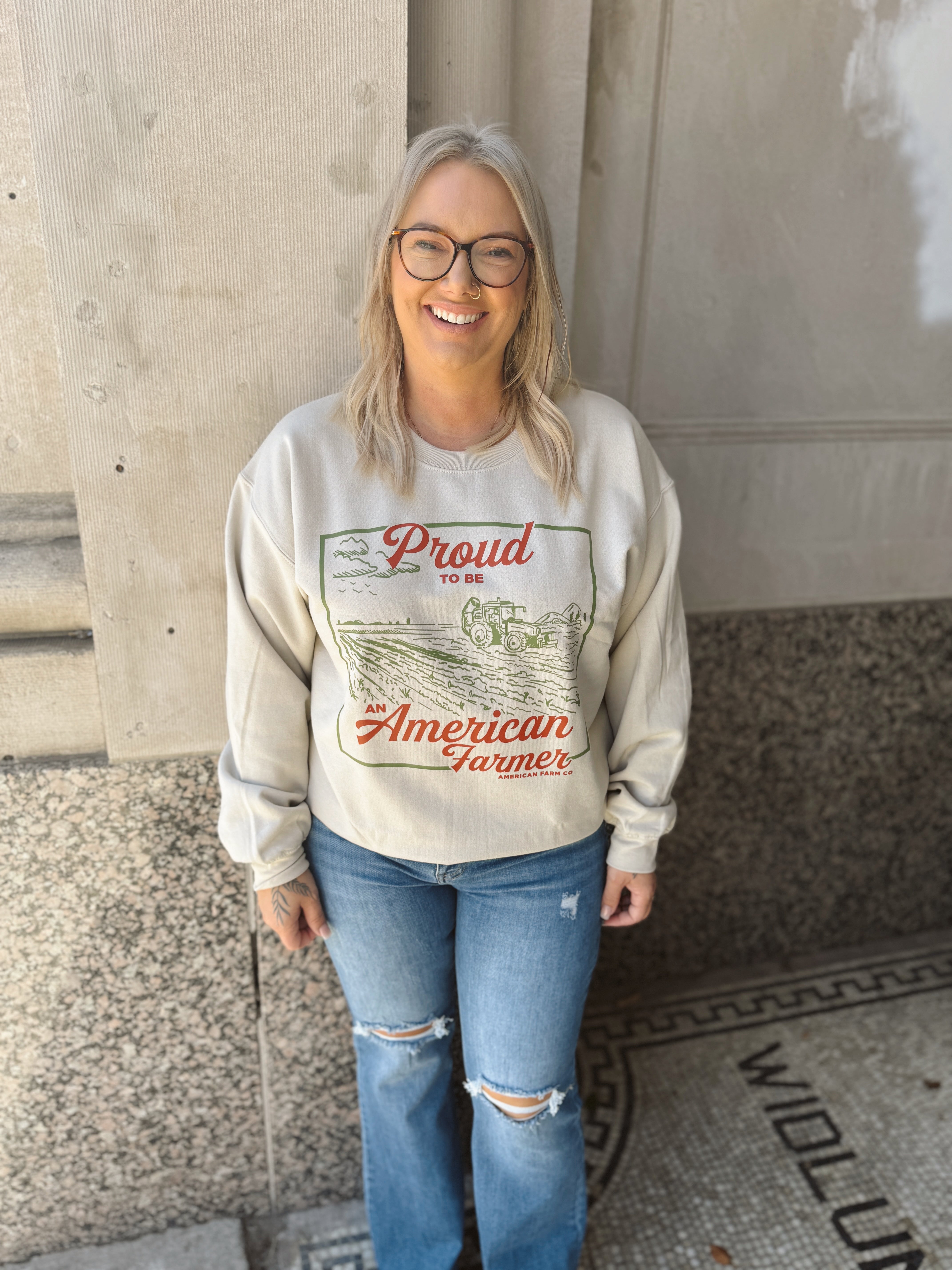 Proud American Farmer Tan Crewneck Sweatshirt-Graphic Tees-american farm company-The Silo Boutique, Women's Fashion Boutique Located in Warren and Grand Forks North Dakota