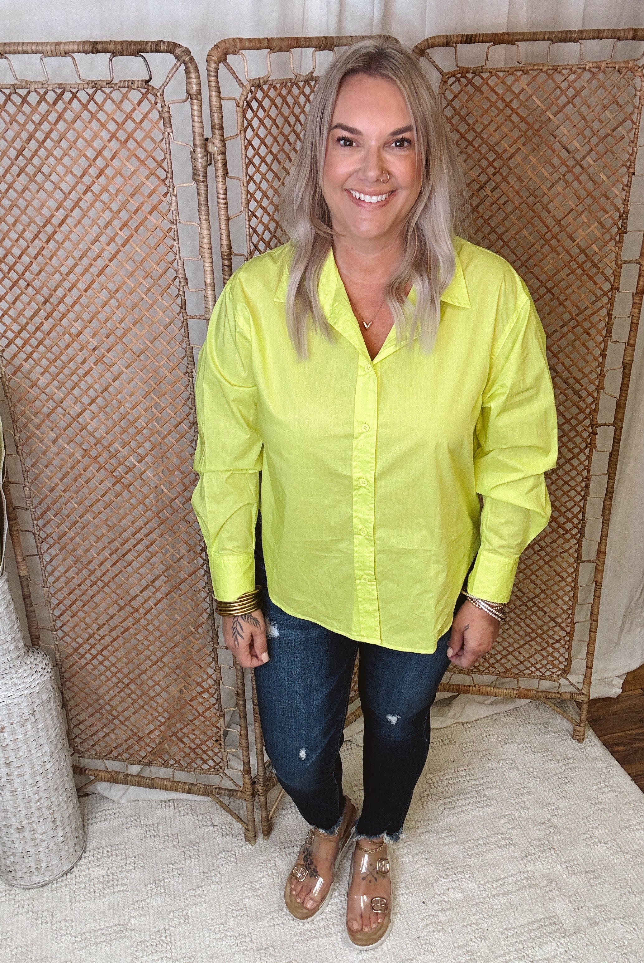 Lime Poplin Long Sleeve Shirt-Long Sleeve Tops-skies are blue-The Silo Boutique, Women's Fashion Boutique Located in Warren and Grand Forks North Dakota