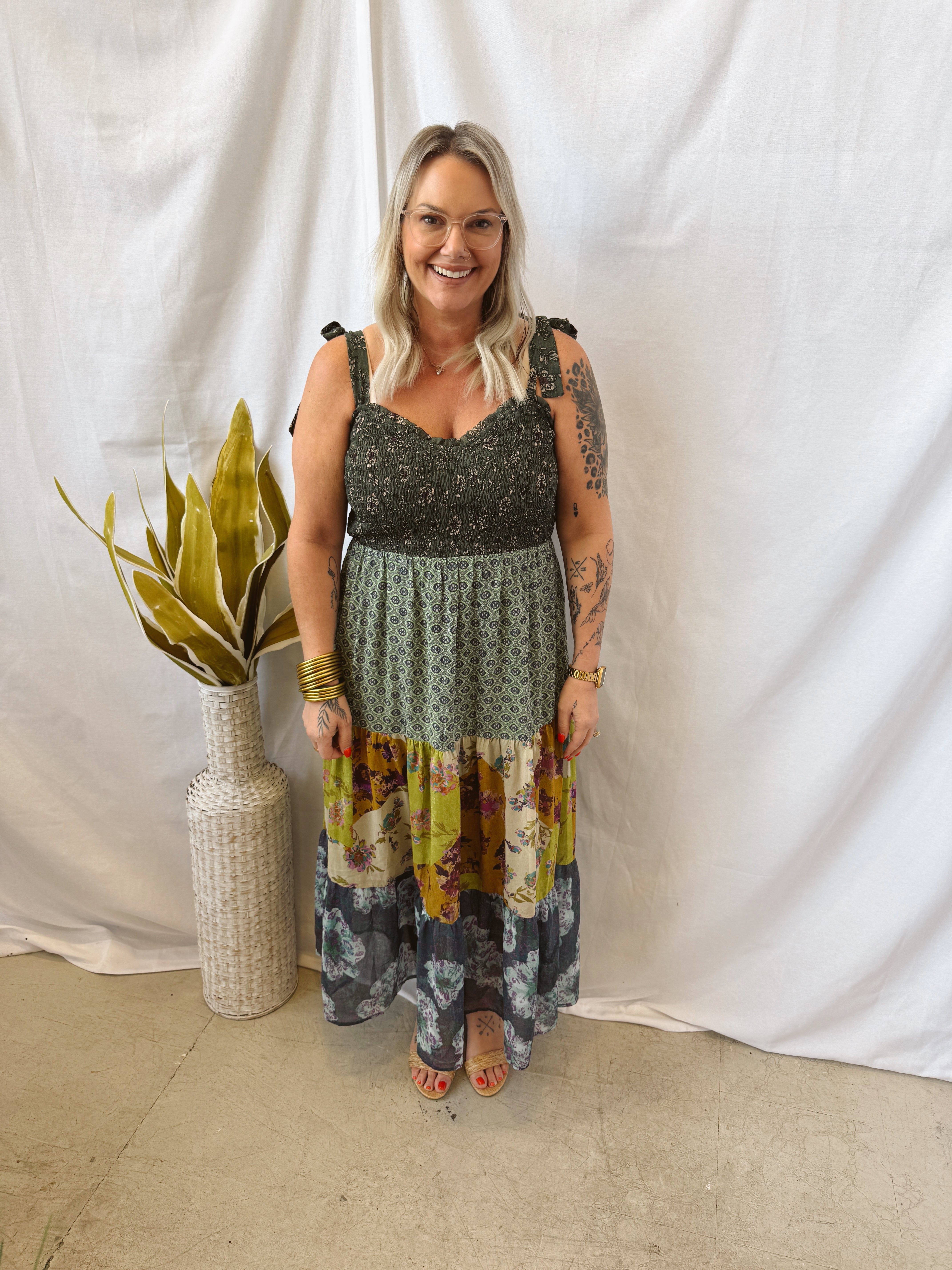 Emerald Mix Floral Dress-Dresses-mystree-The Silo Boutique, Women's Fashion Boutique Located in Warren and Grand Forks North Dakota