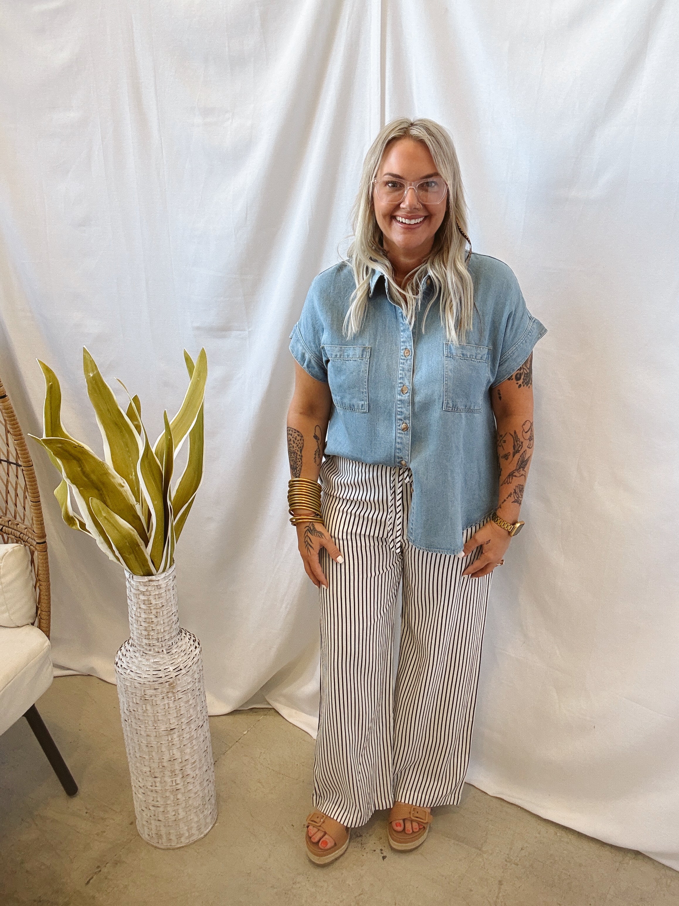 BP Button Down Chambray Top-Short Sleeve Tops-blu pepper-The Silo Boutique, Women's Fashion Boutique Located in Warren and Grand Forks North Dakota