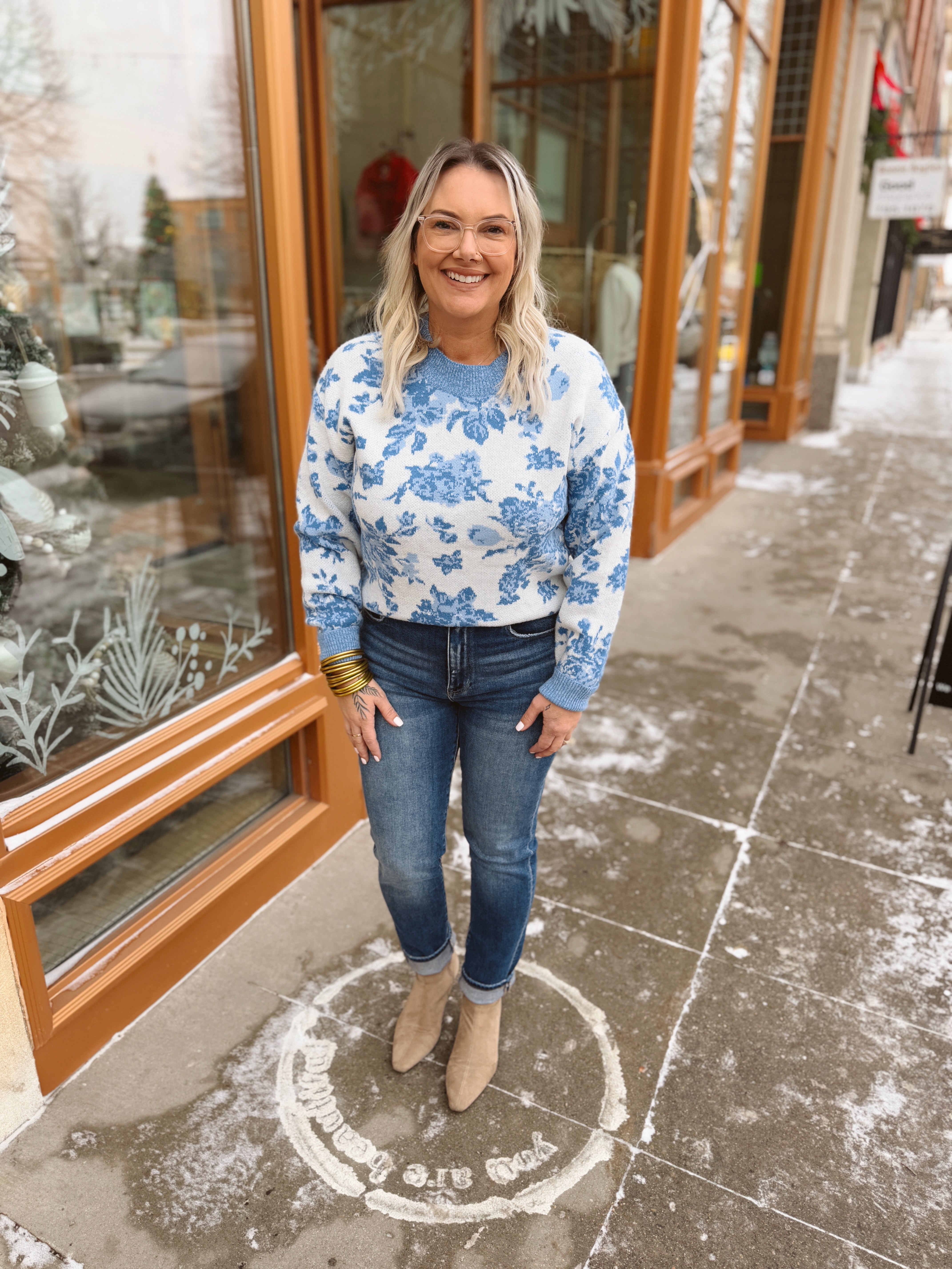 Blue Floral Sweater-Sweaters-listicle-The Silo Boutique, Women's Fashion Boutique Located in Warren and Grand Forks North Dakota