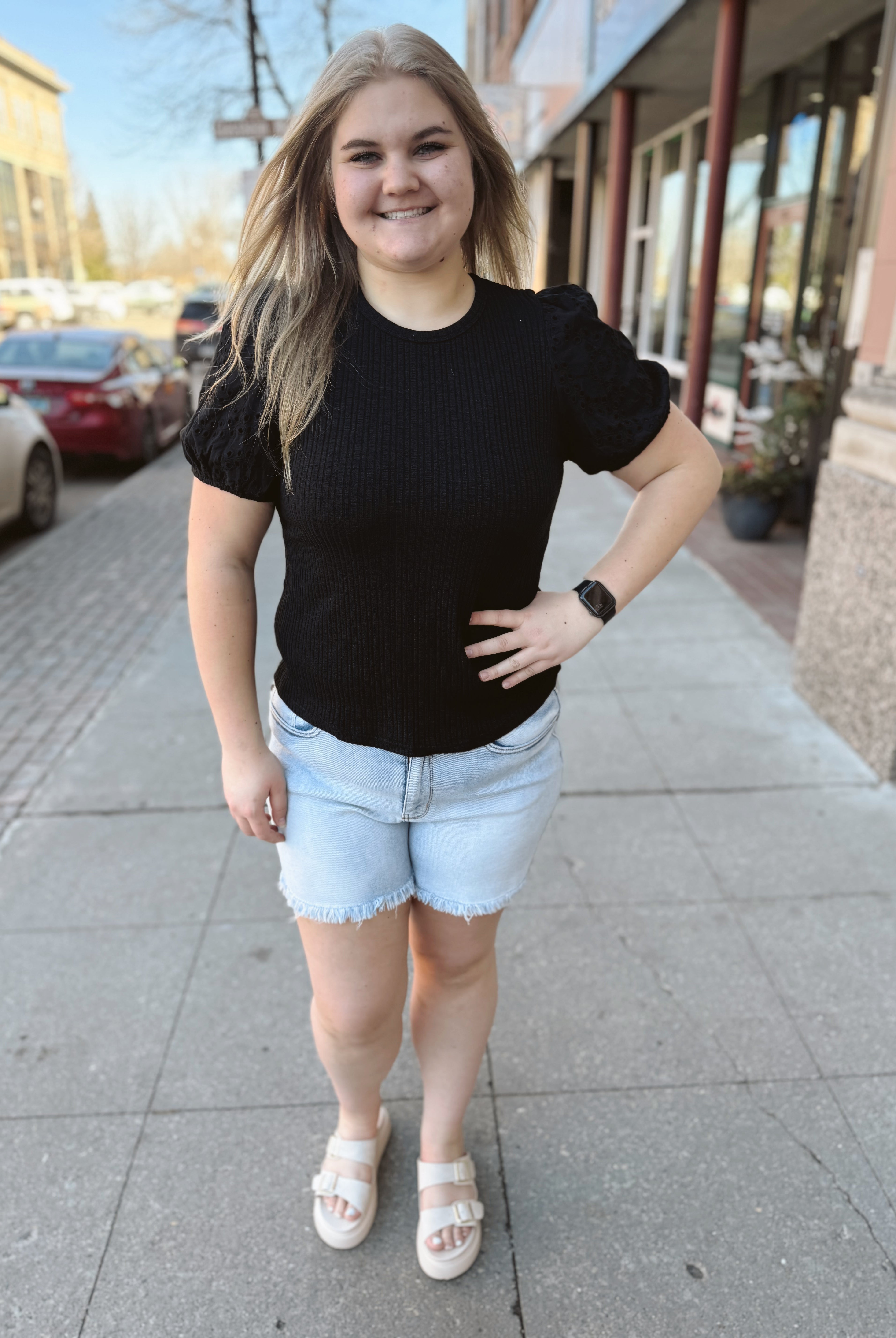 Black Round Neck Detail Top-Short Sleeve Tops-pologram-The Silo Boutique, Women's Fashion Boutique Located in Warren and Grand Forks North Dakota