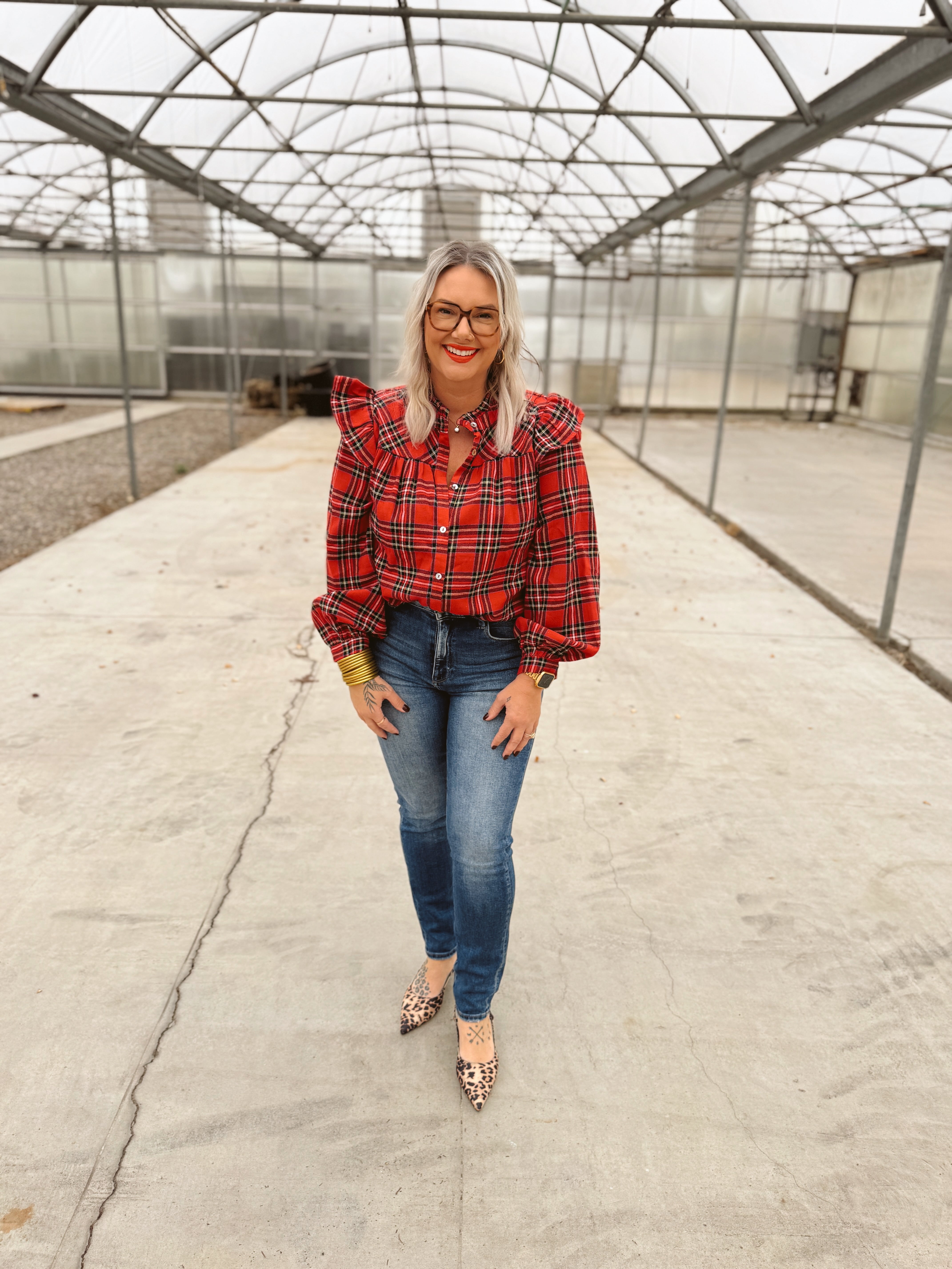 Red Plaid Button Down Top with Ruffle Detail-Long Sleeve Tops-jodifl-The Silo Boutique, Women's Fashion Boutique Located in Warren and Grand Forks North Dakota