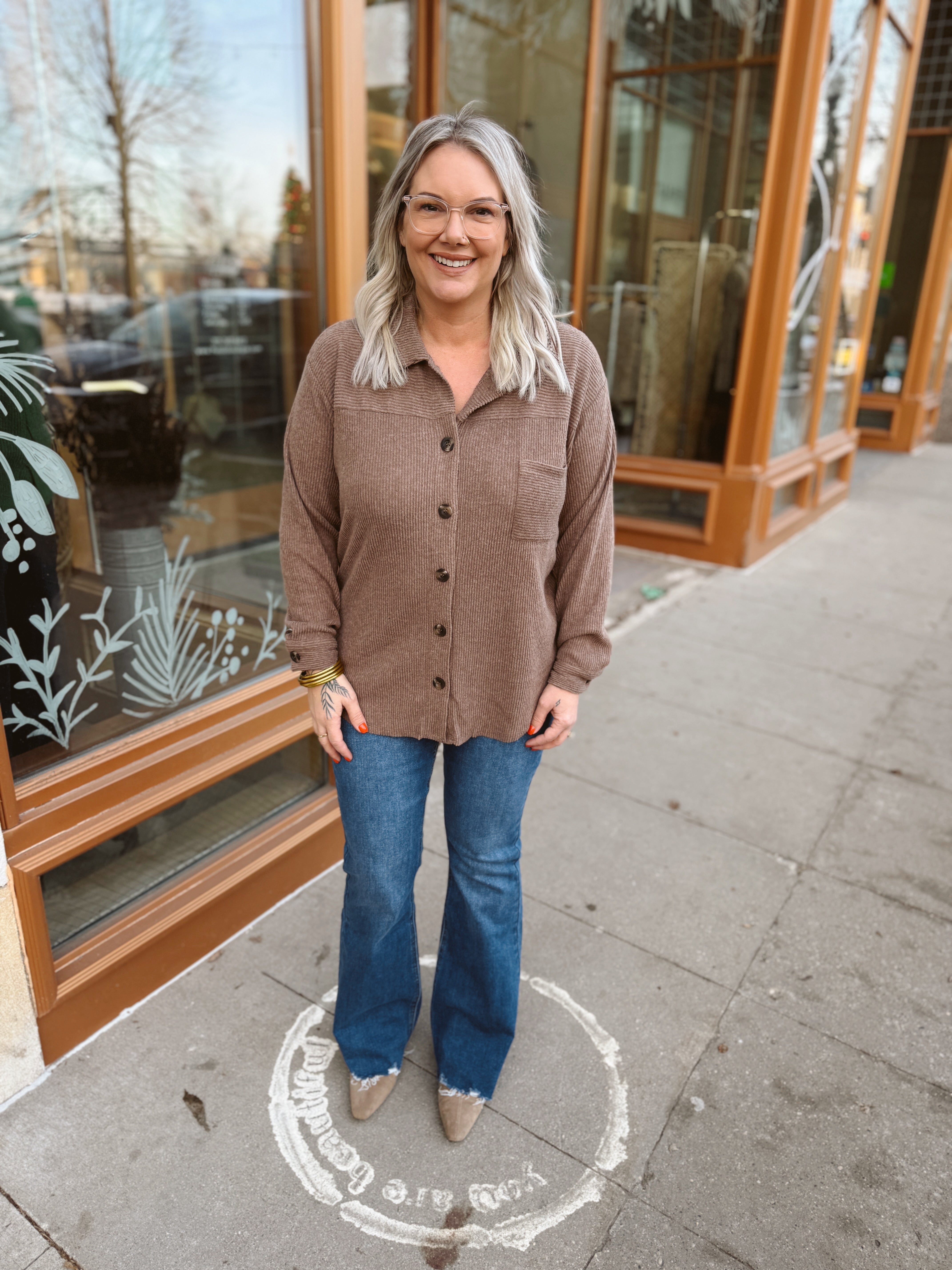 Soft Ribbed Button Down Top-Mocha-Long Sleeve Tops-Zenana-The Silo Boutique, Women's Fashion Boutique Located in Warren and Grand Forks North Dakota