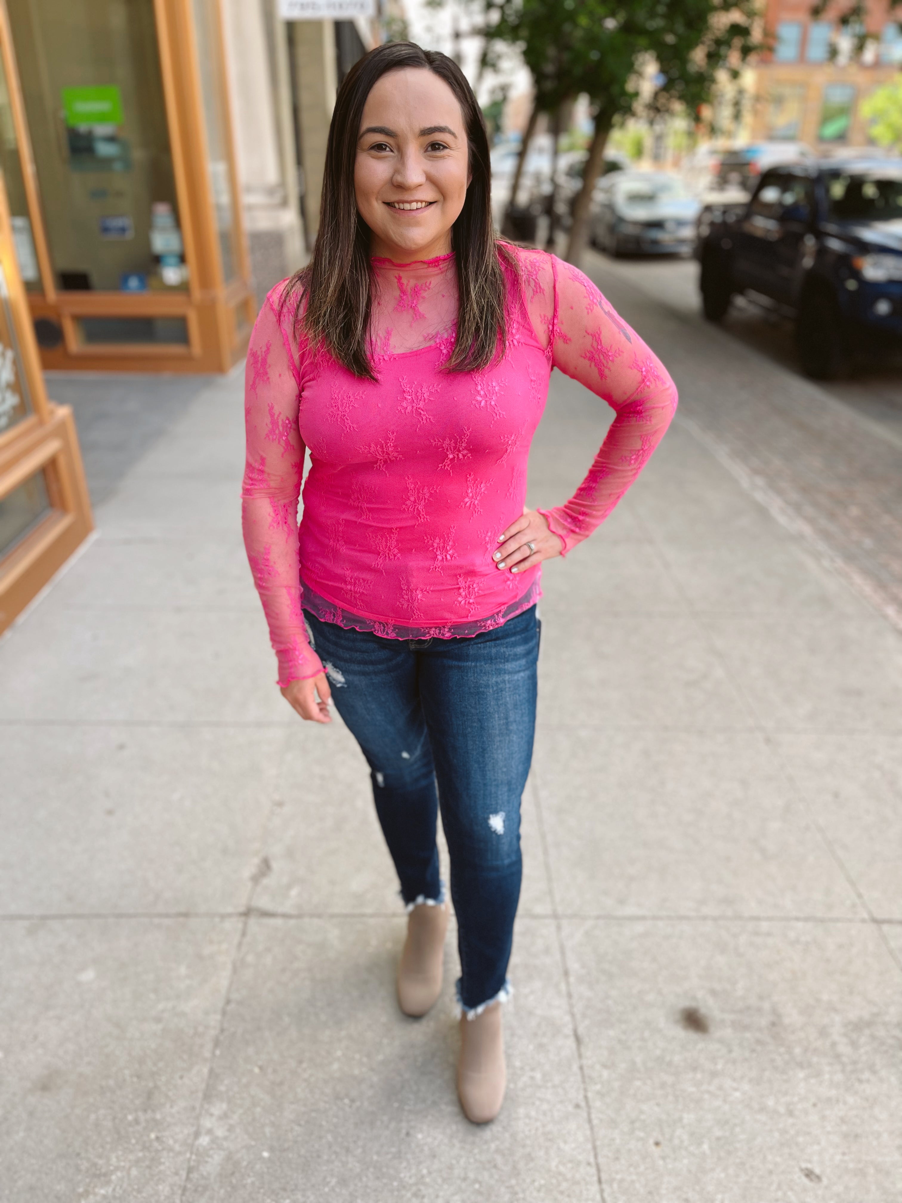 Bright pink mesh top online