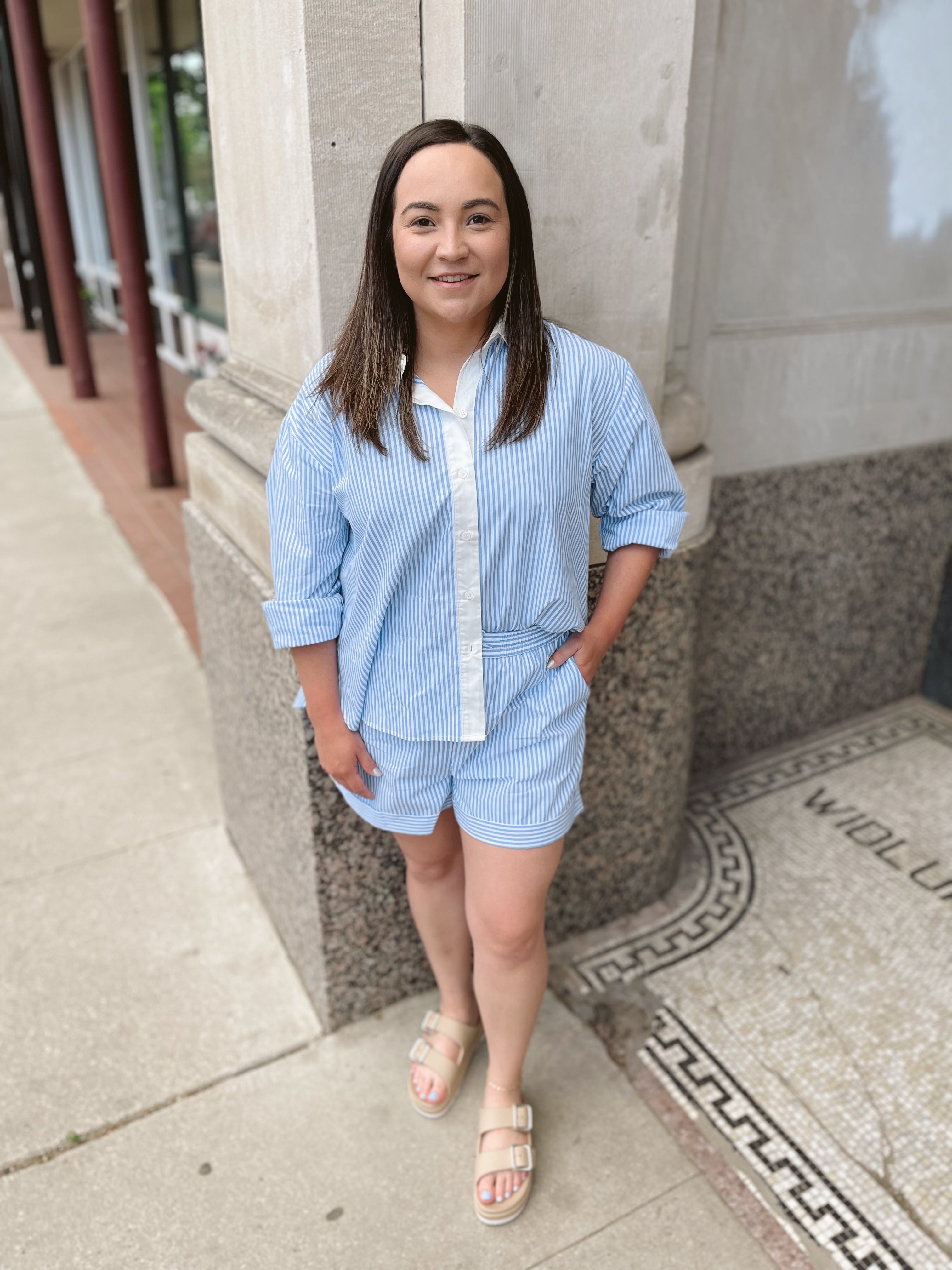 Skies Stripe Contrast Button Up Top-Long Sleeve Tops-skies are blue-The Silo Boutique, Women's Fashion Boutique Located in Warren and Grand Forks North Dakota