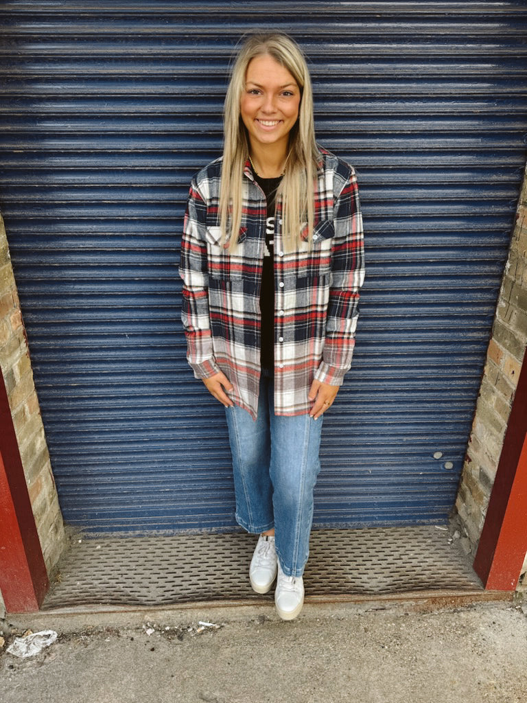 Navy and Red Plaid Flannel-Long Sleeve Tops-panaache-The Silo Boutique, Women's Fashion Boutique Located in Warren and Grand Forks North Dakota