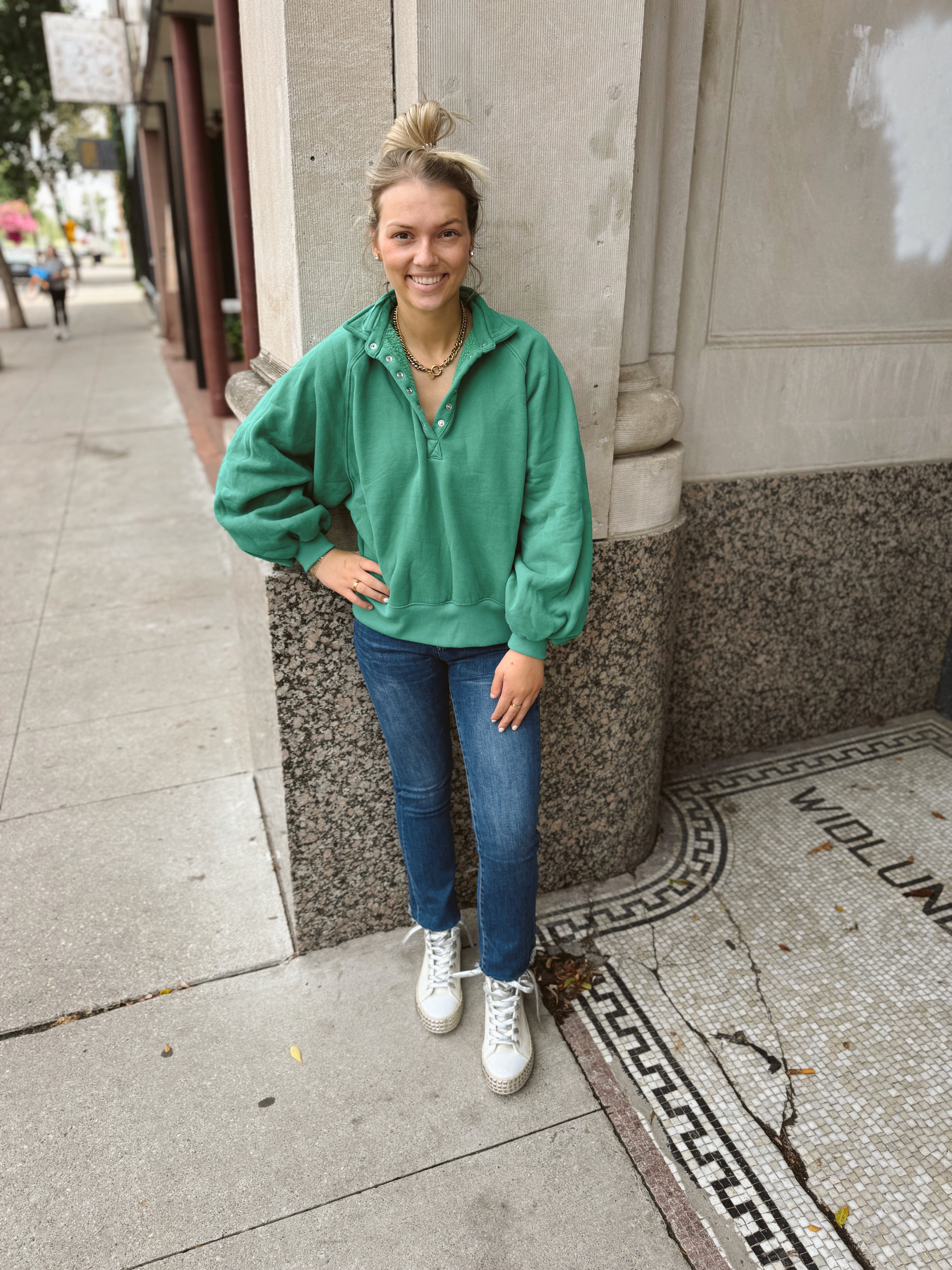 Bailey Green Pullover Sweatshirt-Sweatshirts-papermoon-The Silo Boutique, Women's Fashion Boutique Located in Warren and Grand Forks North Dakota