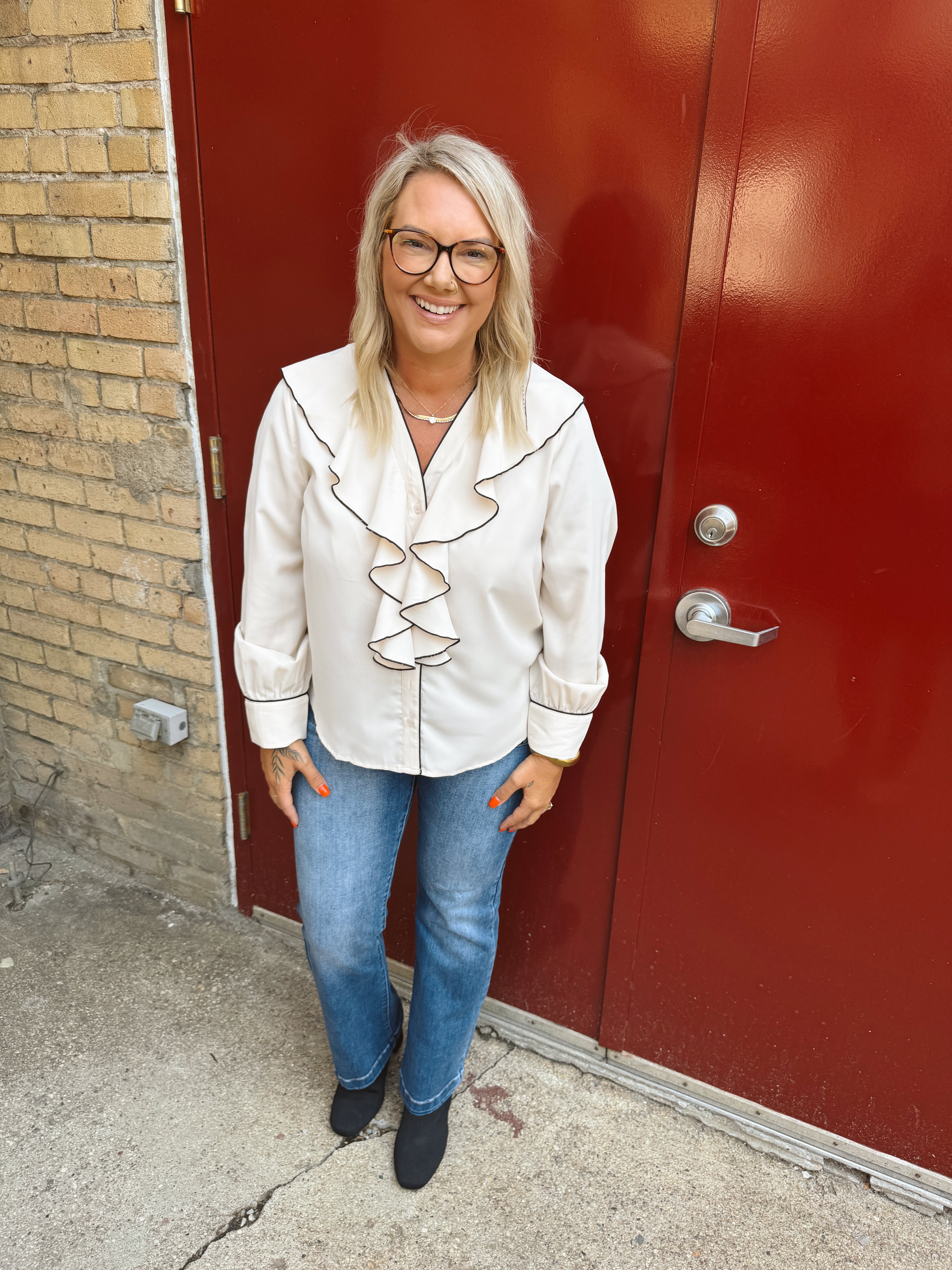 Ecru Ruffle Long Sleeve Top-Long Sleeve Tops-entro-The Silo Boutique, Women's Fashion Boutique Located in Warren and Grand Forks North Dakota