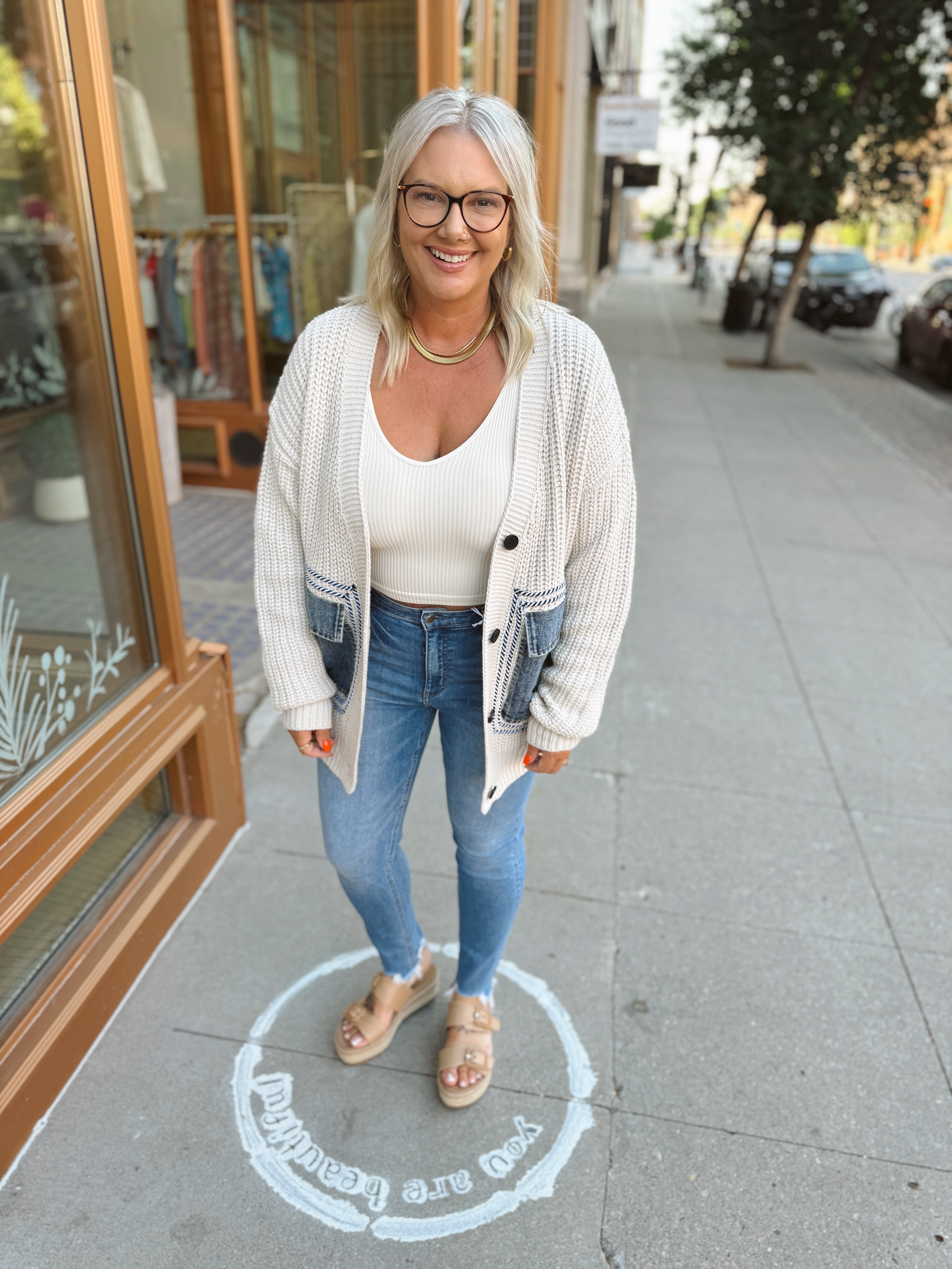 Oatmeal with Denim Pockets Sweater Cardigan-Cardigans-eesome-The Silo Boutique, Women's Fashion Boutique Located in Warren and Grand Forks North Dakota