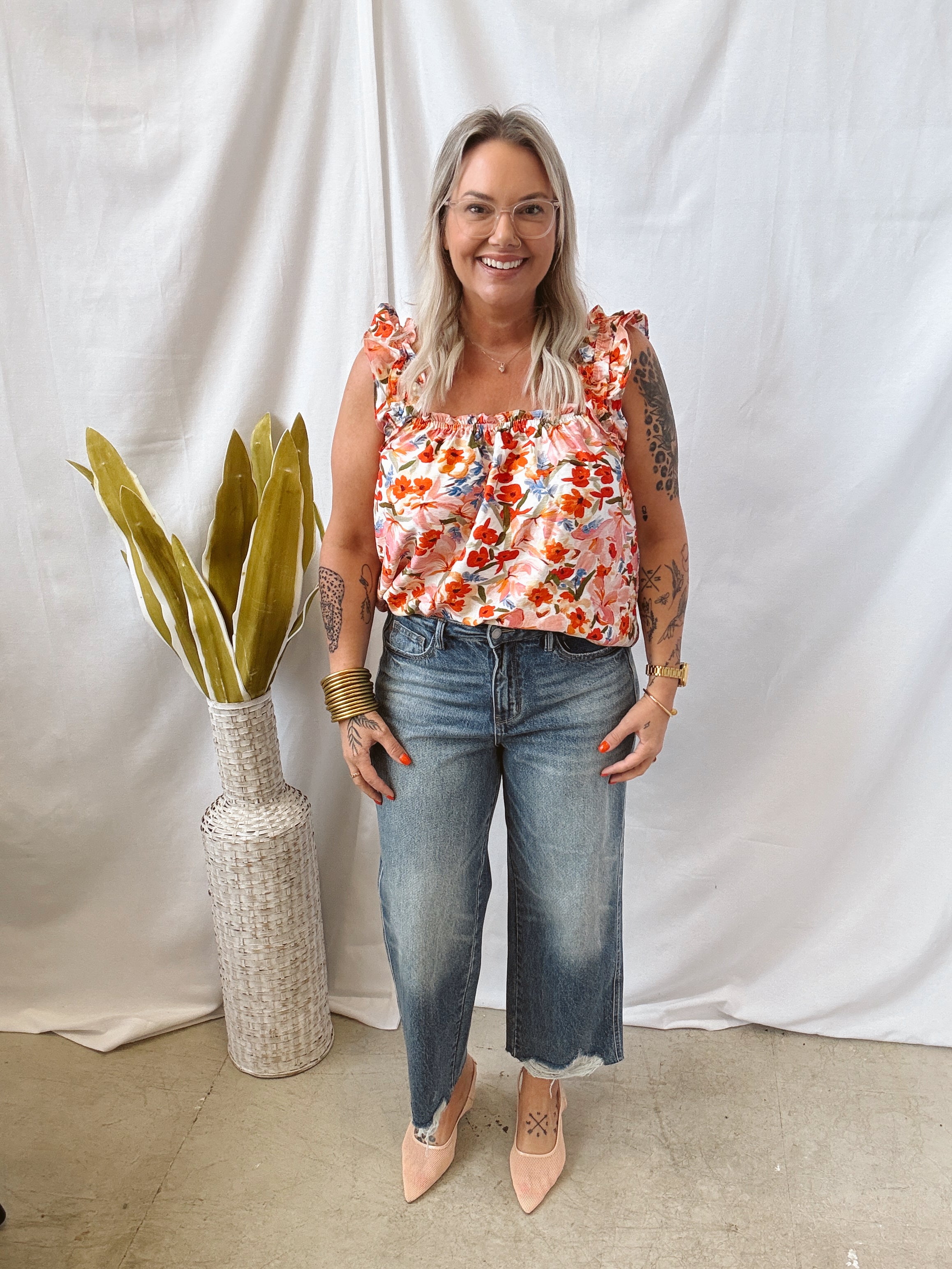 Orange Floral Mix Tank Top-Tank Tops-staccato-The Silo Boutique, Women's Fashion Boutique Located in Warren and Grand Forks North Dakota