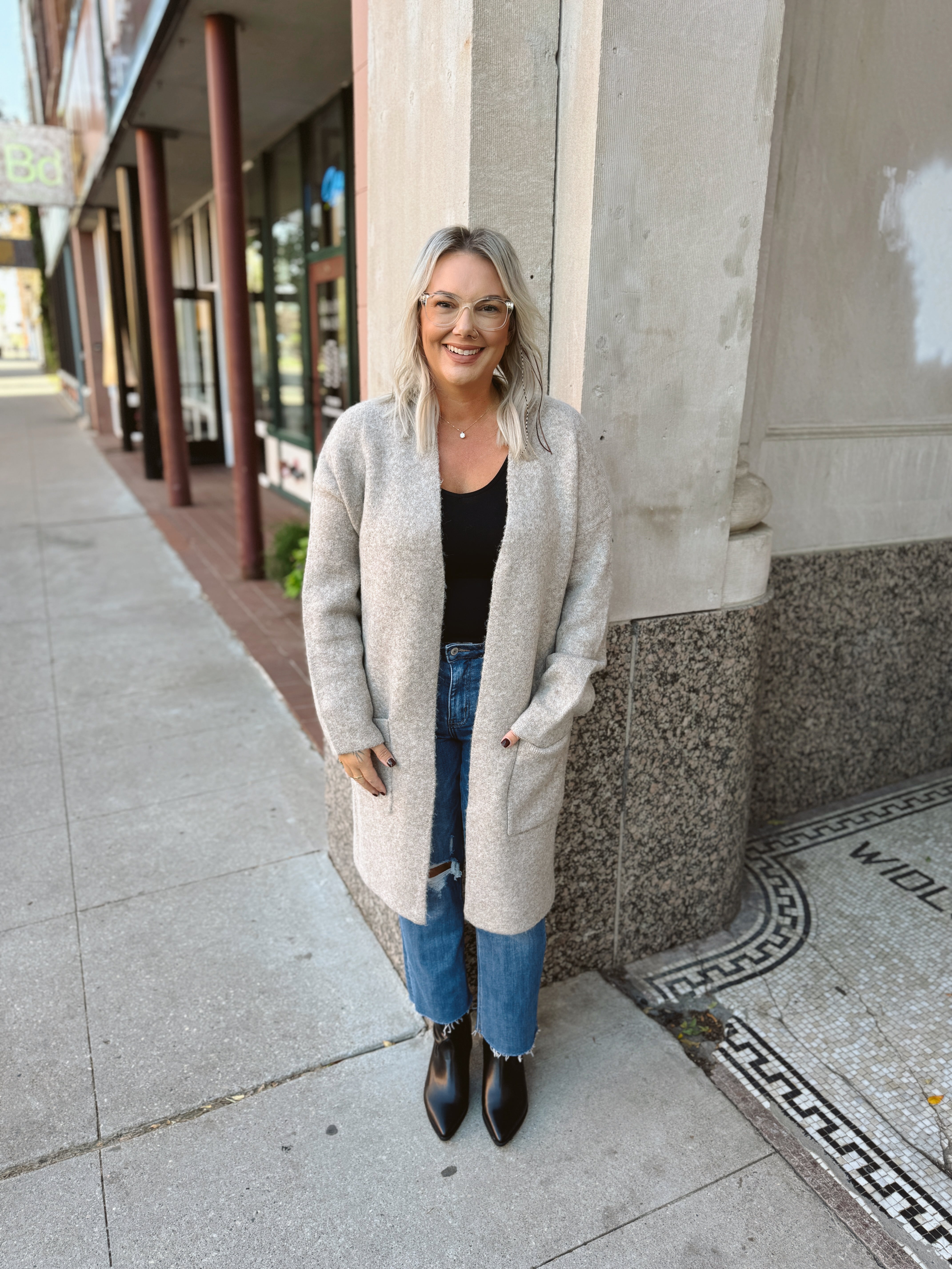 Mushroom Open Solid Cardigan-Cardigans-staccato-The Silo Boutique, Women's Fashion Boutique Located in Warren and Grand Forks North Dakota