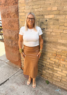 Camel Leather Pencil Skirt-Skirts-hem and thread-The Silo Boutique, Women's Fashion Boutique Located in Warren and Grand Forks North Dakota